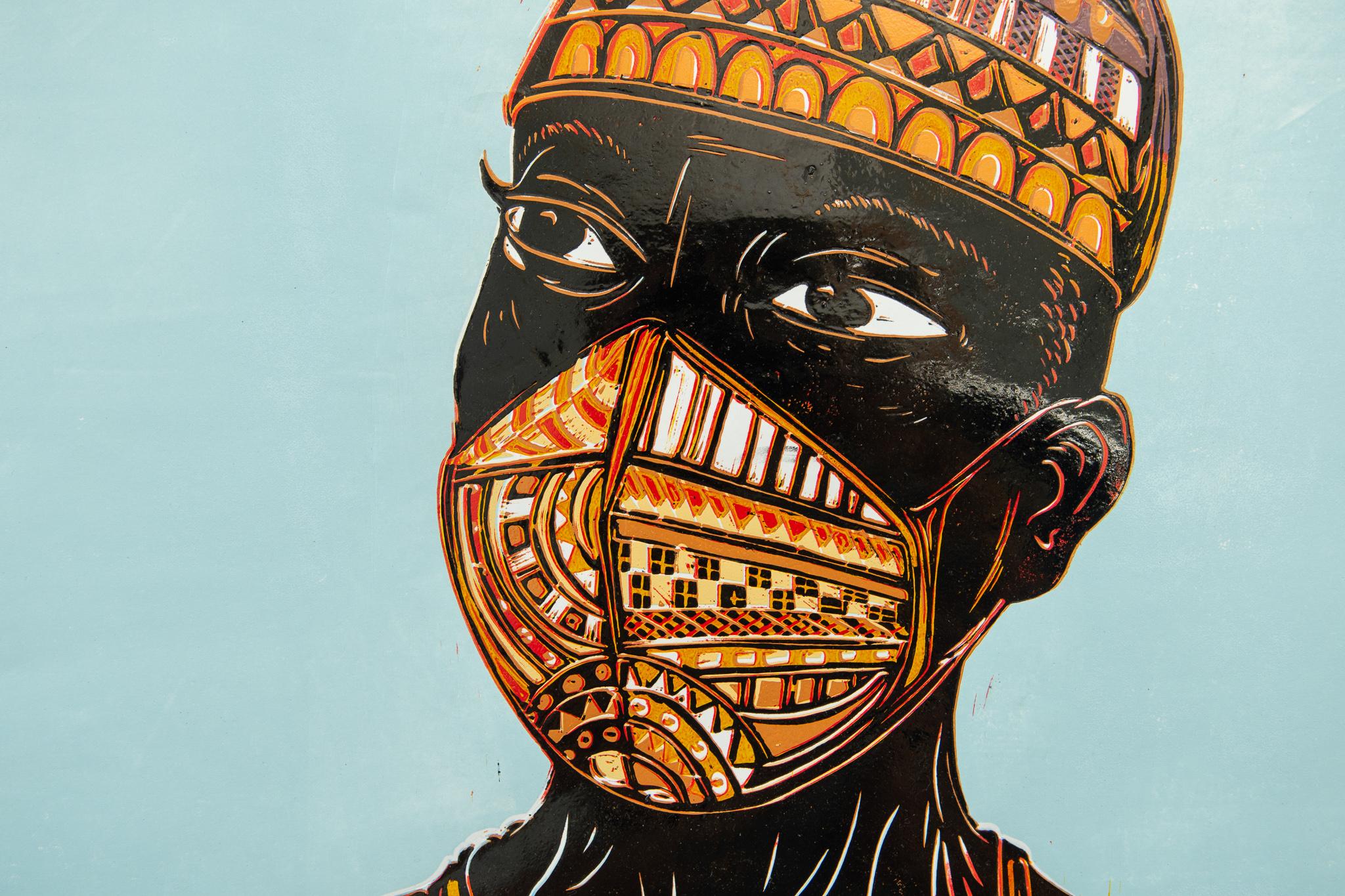 Who's behind the mask II, 2021. Linoleum Block Print on Paper, 1/2

Lok Kandjengo was born in Ongwedieva in 1988. He moved to Windhoek to study visual art, first at the John Muafangejo Art Centre and then at the College of the Arts. Kandjengo