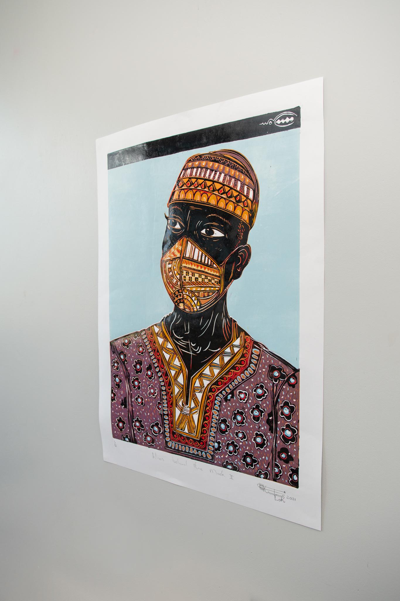 Who's behind the mask II, Lok Kandjengo, Linoleum Block Print on Paper For Sale 2