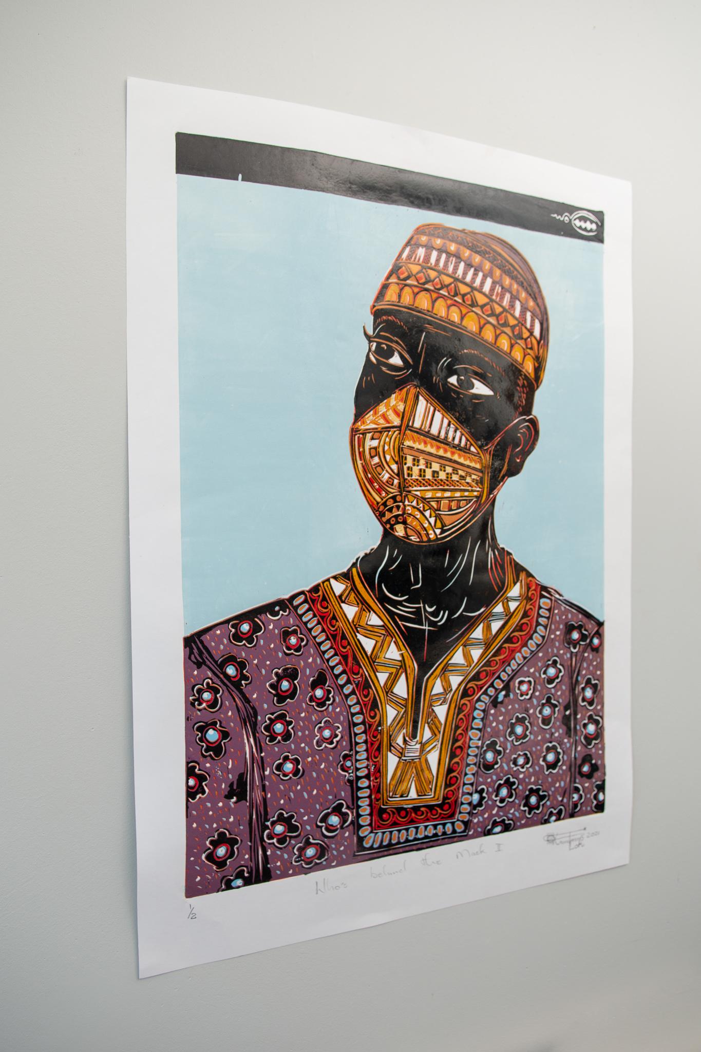 Who's behind the mask II, Lok Kandjengo, Linoleum Block Print on Paper For Sale 3