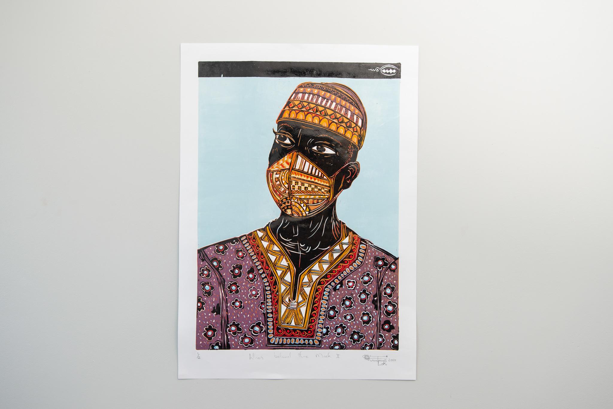 Who's behind the mask II, Lok Kandjengo, Linoleum Block Print on Paper For Sale 4