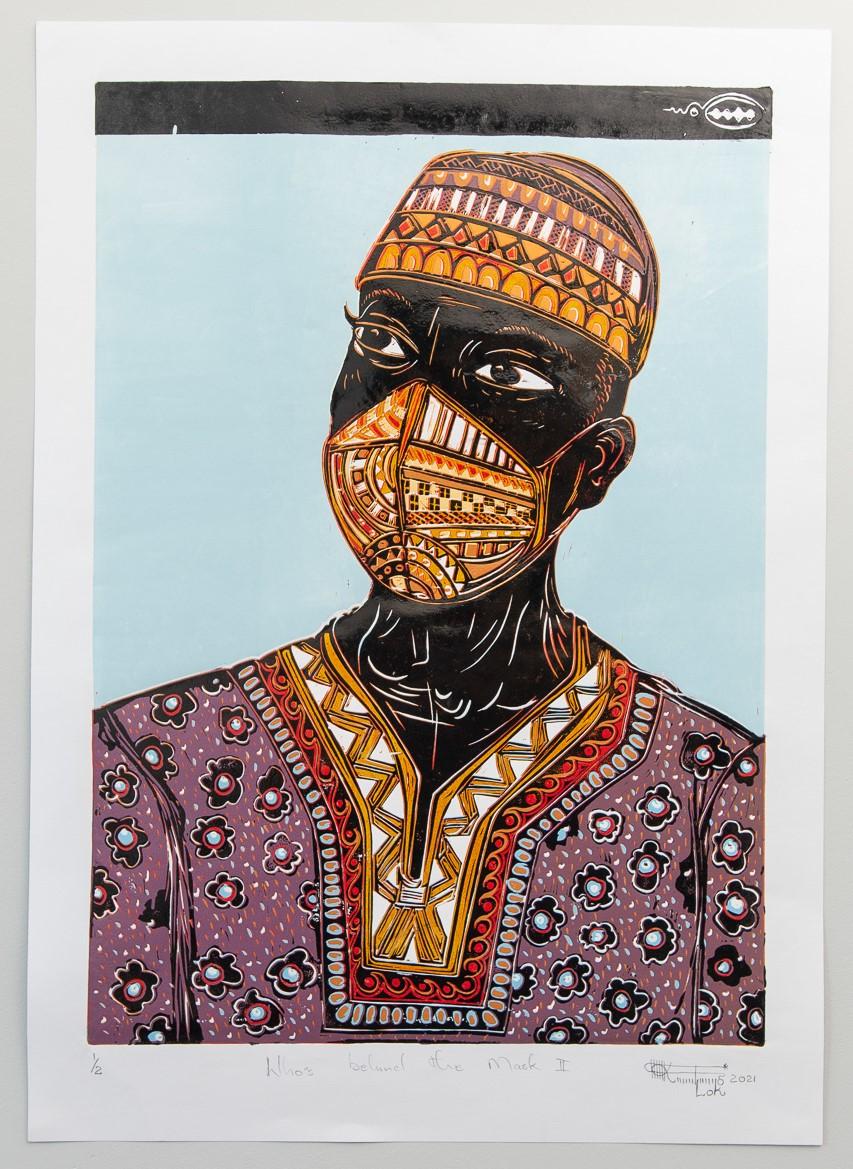 Who's behind the mask II, Lok Kandjengo, Linoleum Block Print on Paper For Sale 5