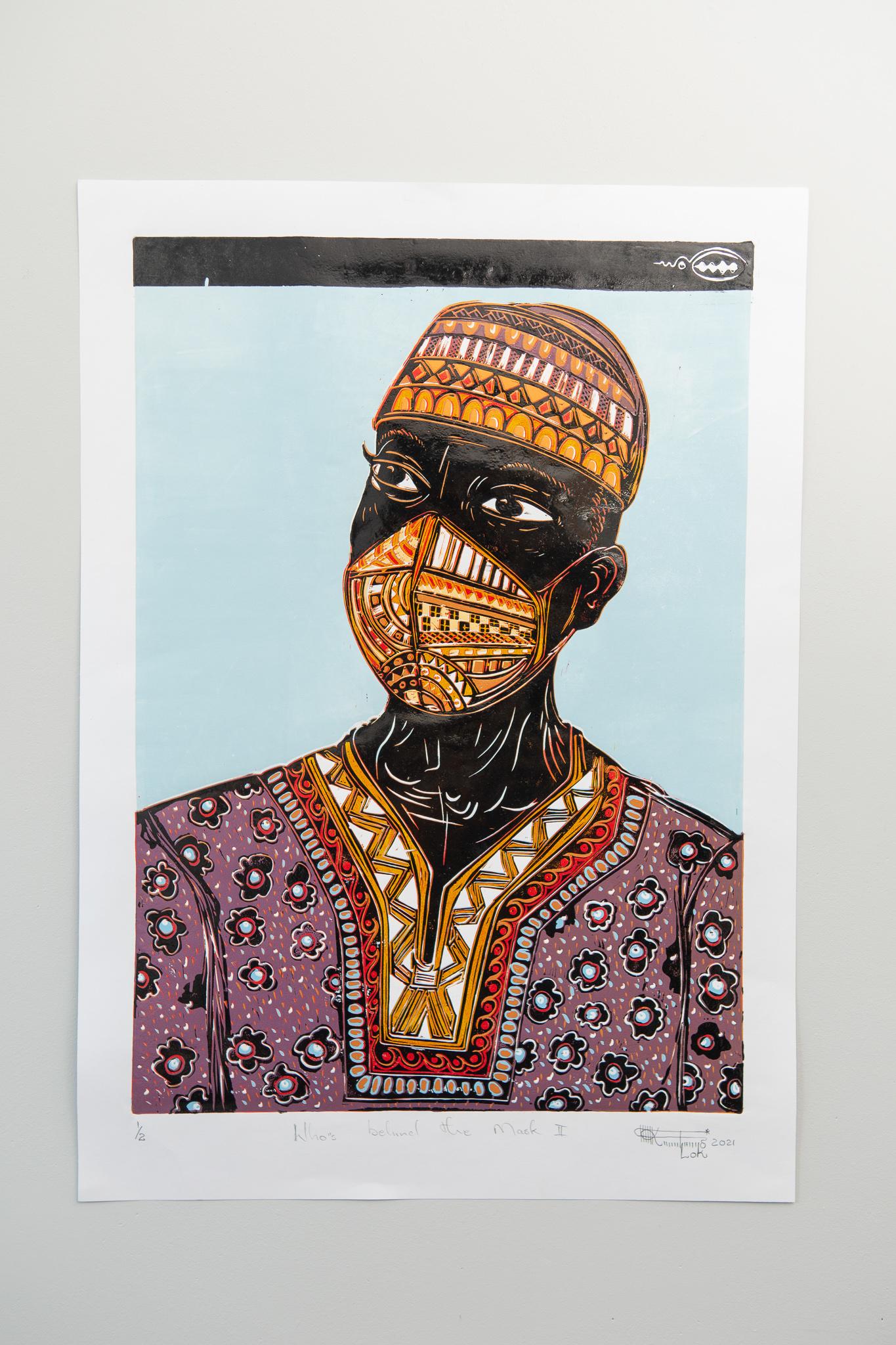 Who's behind the Mask II, Lok Kandjengo, Linoleum-Blockdruck auf Papier