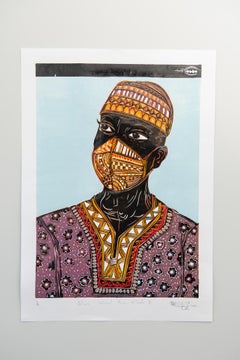 Who
s behind the mask II, Lok Kandjengo, Linoleum Block Print on Paper