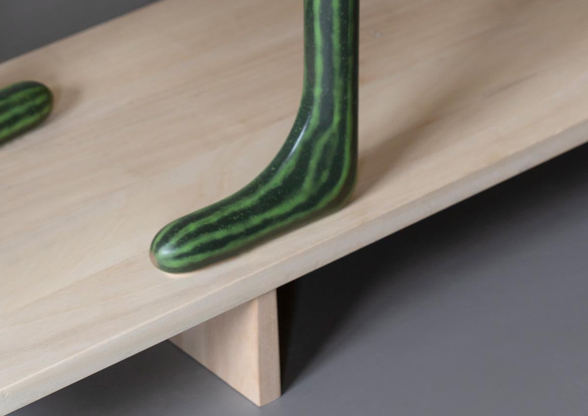For the OMG-GMO project, Robert Stadler borrows the forms of these engineered fruit and vegetables to create ten ceramic, hand-painted objects that ironically transform the organic into something structural and functional. Conceived as a series of