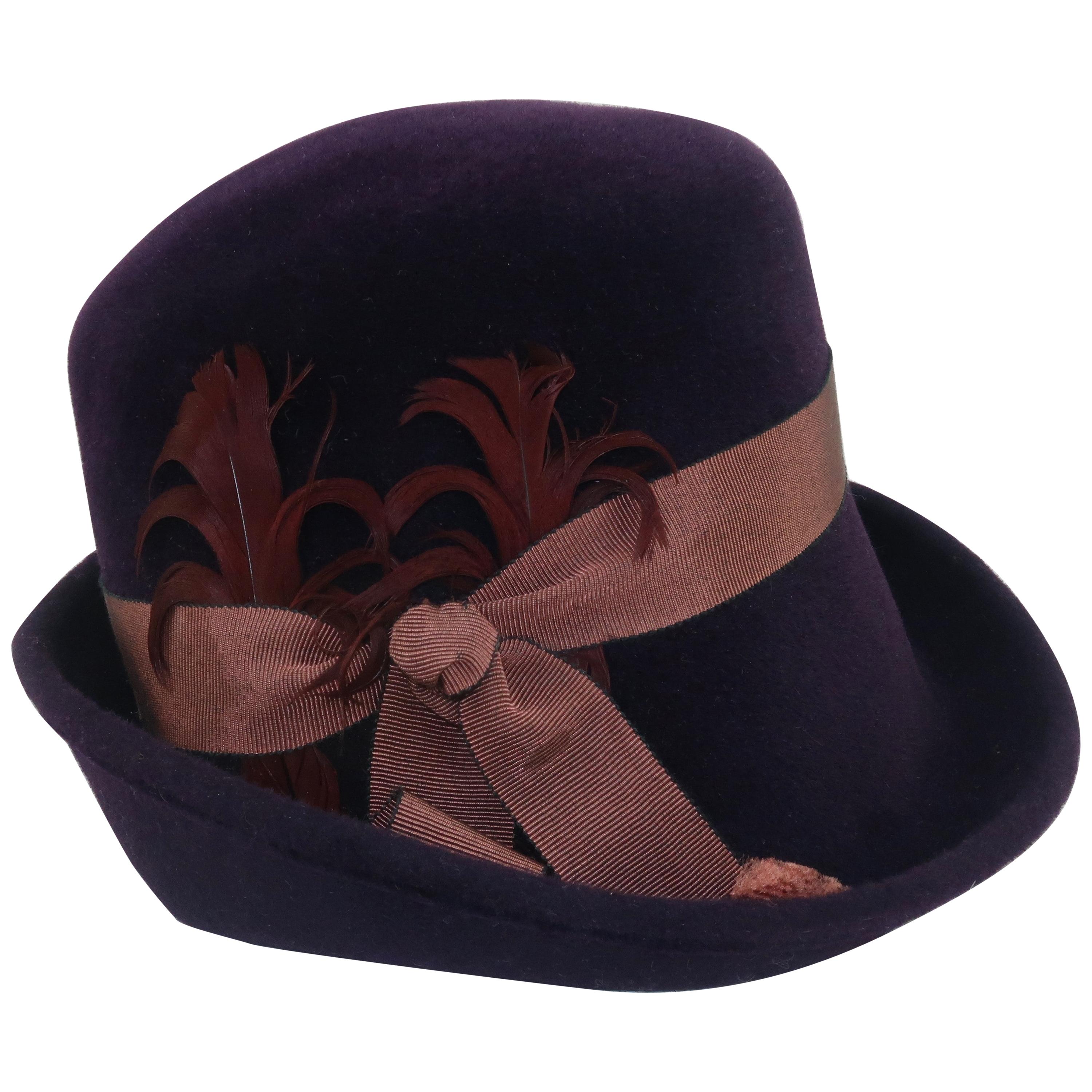 Lola Aubergine Trilby Hat With Feathers C.2000