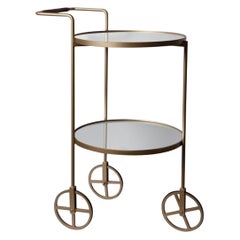 "Lola" Bar Cart Modernist Style Gold Color Painted Steel and Silver Mirror
