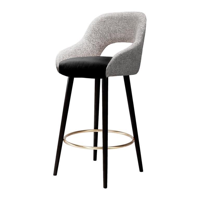 Bar chair Lola in Solid Wood, Brass and Upholstery New