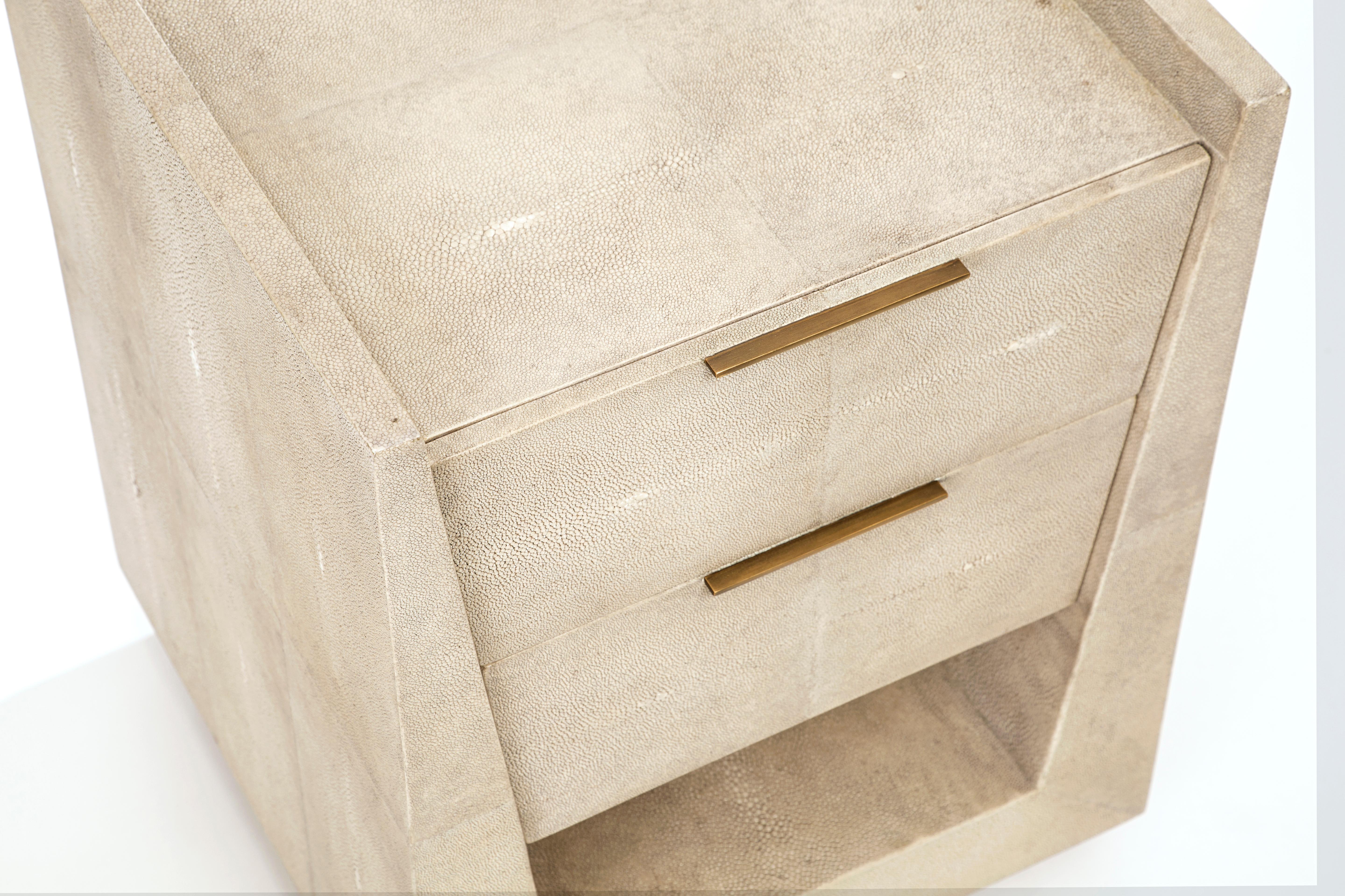 French Lola Bedside Table in Cream Shagreen and Bronze-Patina Brass by R&Y Augousti For Sale