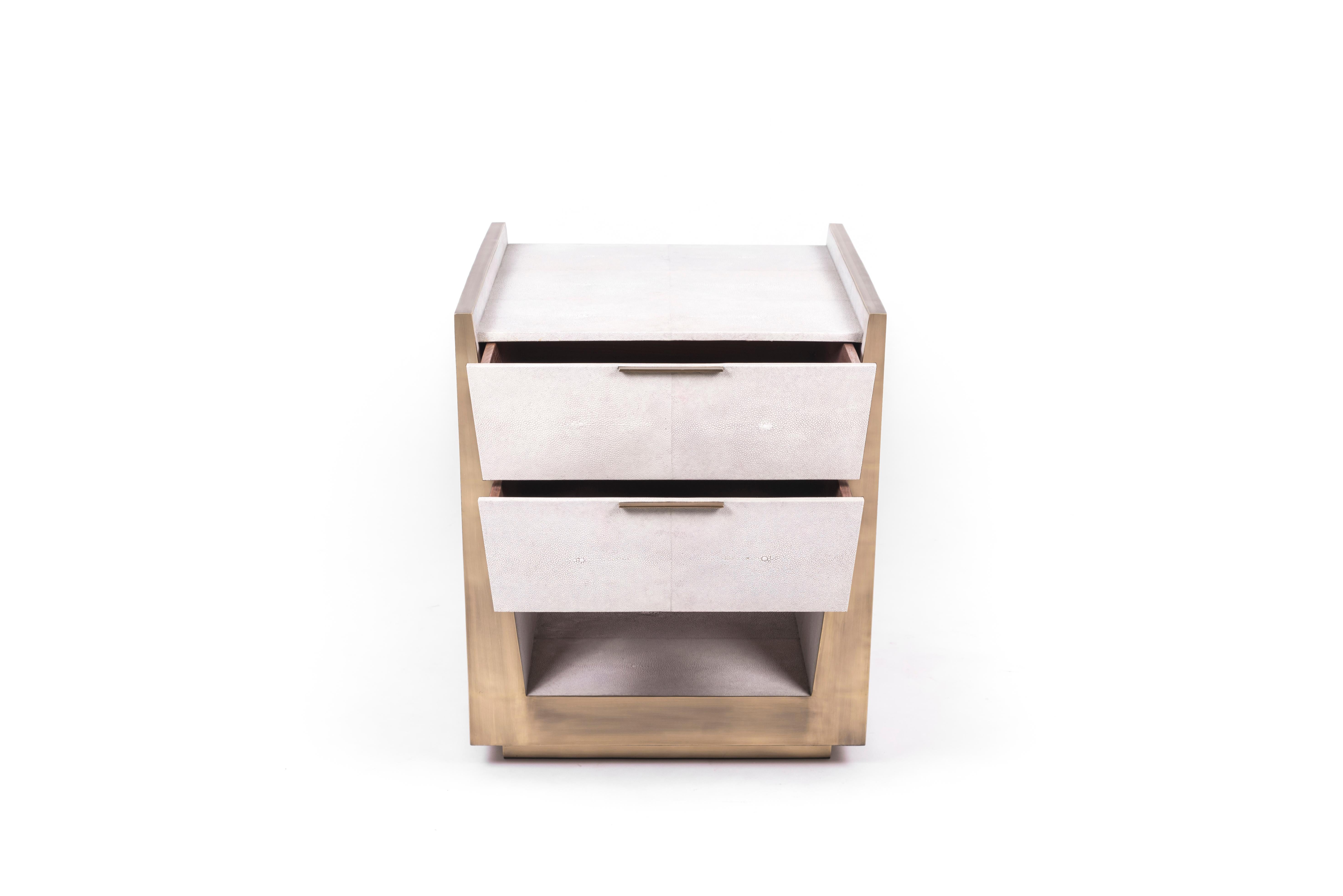 Inlay Lola Bedside Table in Cream Shagreen and Bronze-Patina Brass by R&Y Augousti For Sale
