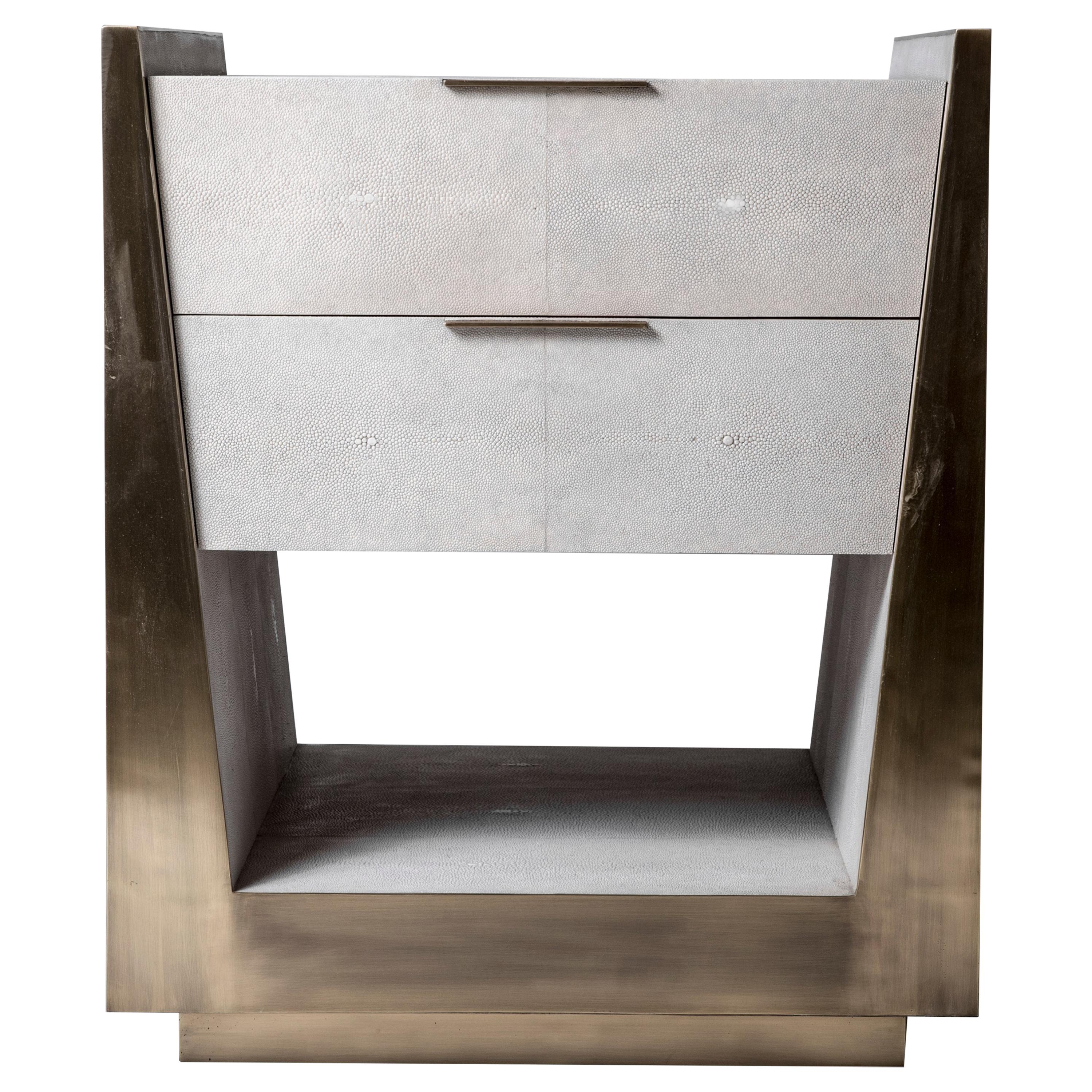 Lola Bedside Table in Cream Shagreen and Bronze-Patina Brass by R&Y Augousti