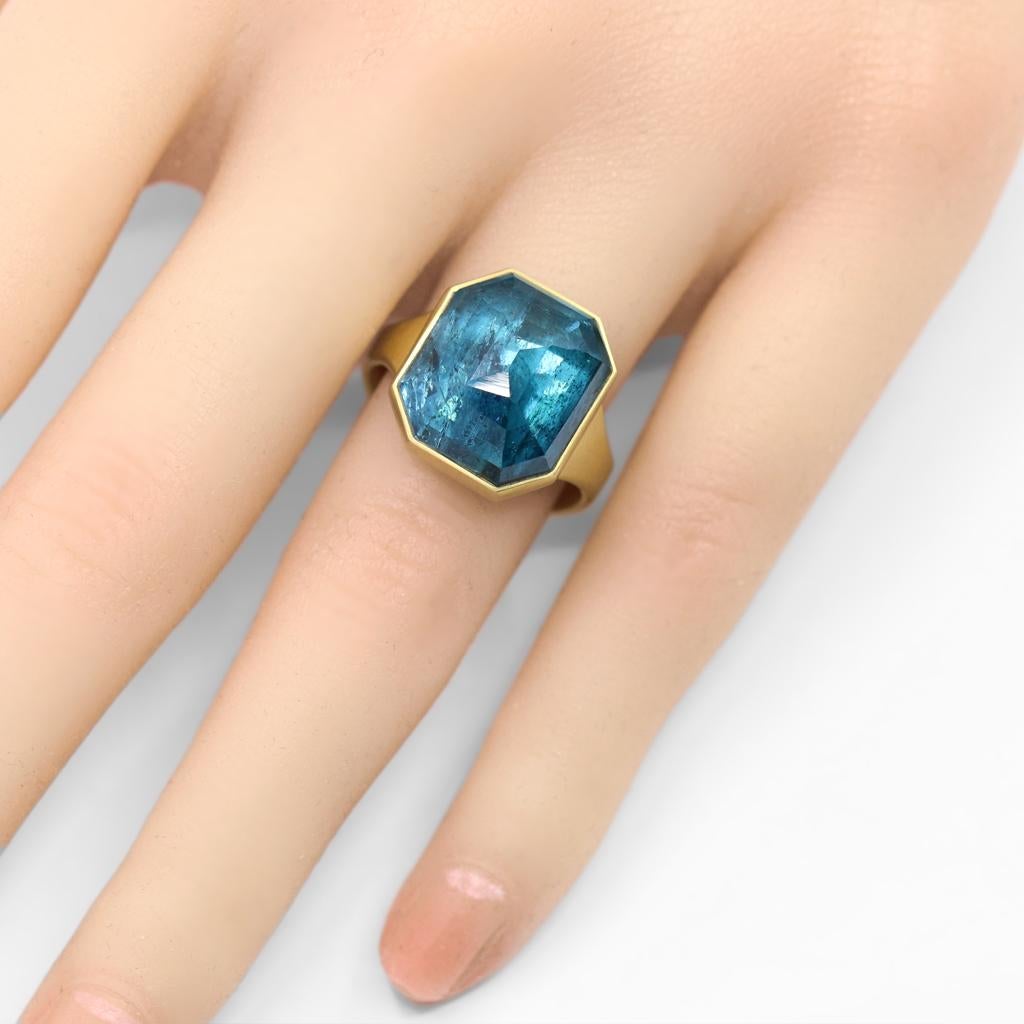 One of a Kind Ring hand-fabricated by jewelry maker Lola Brooks showcasing a stunning 13.53 carat natural octagonal deep blue indicolite tourmaline, bezel-set in the artist's signature matte-finished 18k yellow gold. Size 6.5 (can be sized upon