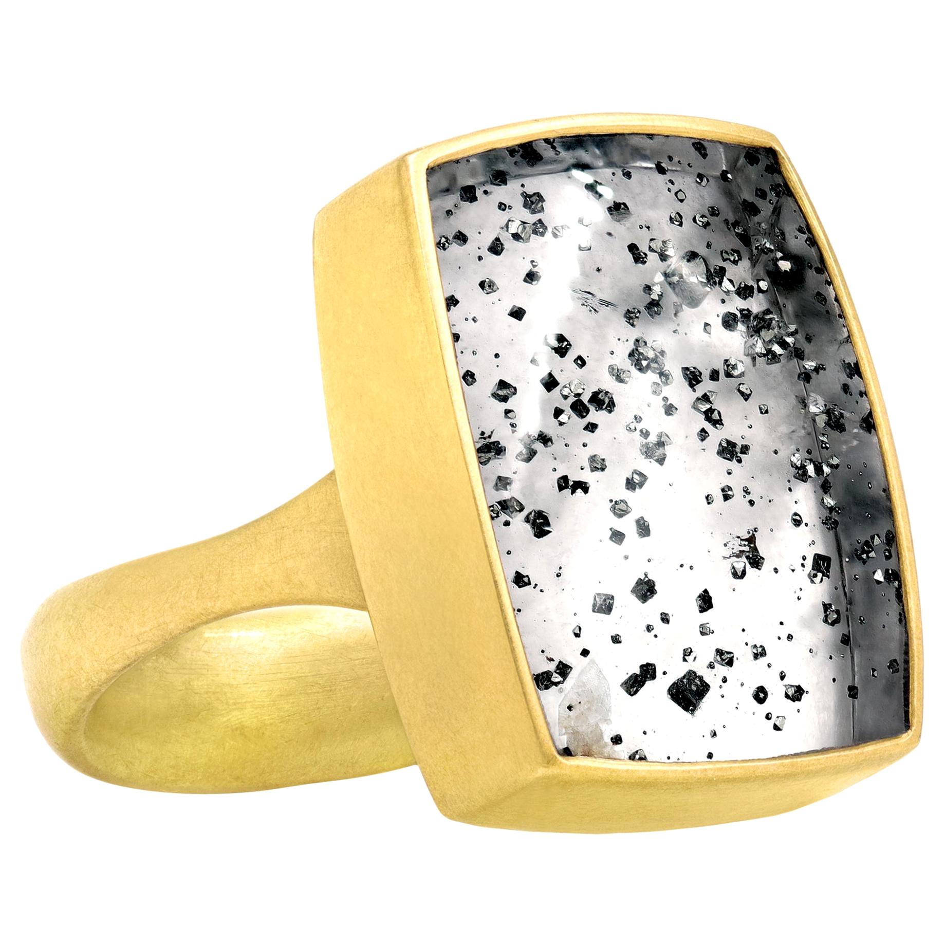 17.11 ct Pyrite in Rock Crystal Colorless Quartz Yellow Gold Ring, Lola Brooks