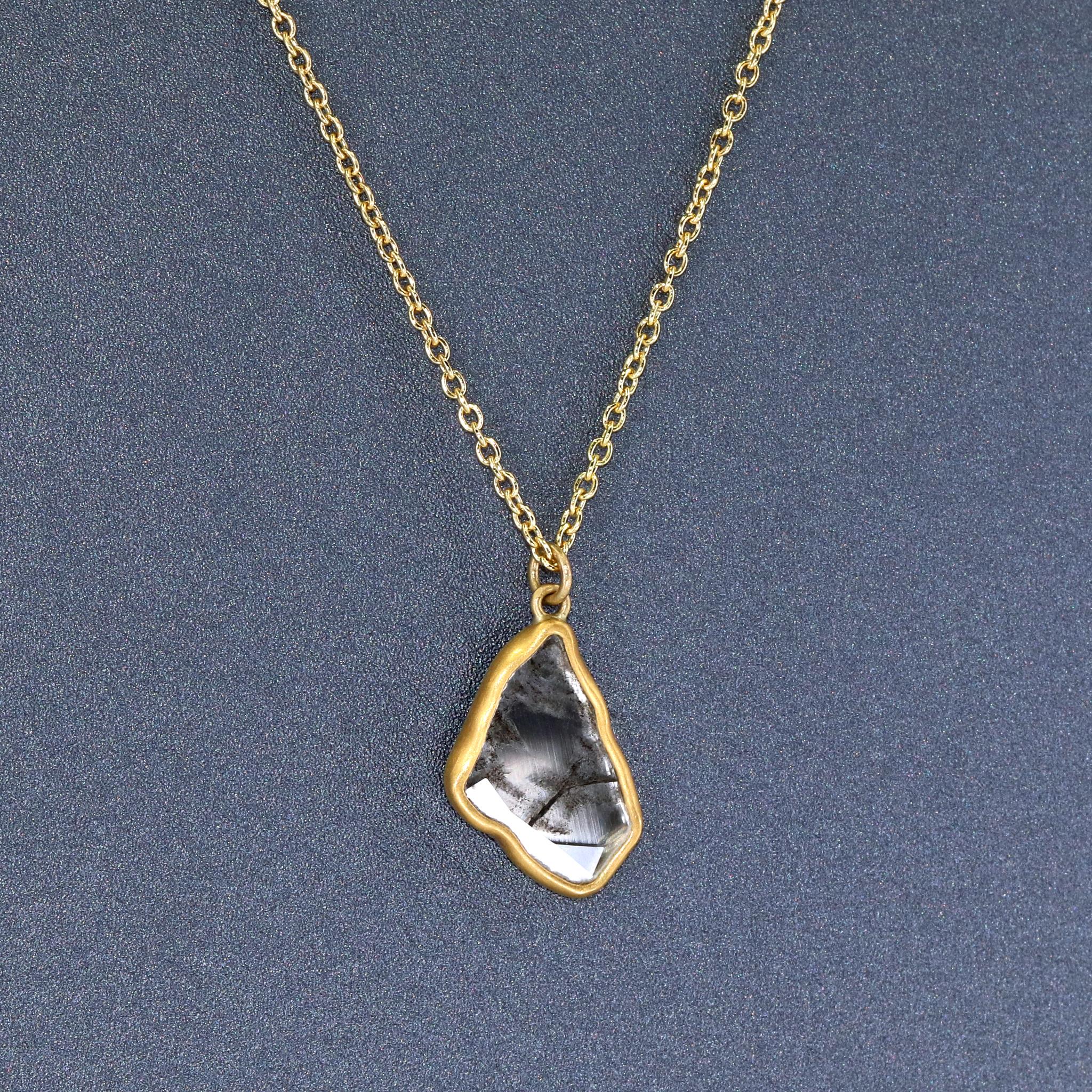 One of a Kind Diamond Shard Drop Necklace hand-fabricated by renowned jewelry maker Lola Brooks showcasing a shimmering, flashy 1.86 carat faceted diamond shard bezel-set in the designer's signature-finished 18k yellow gold and finished on a 19