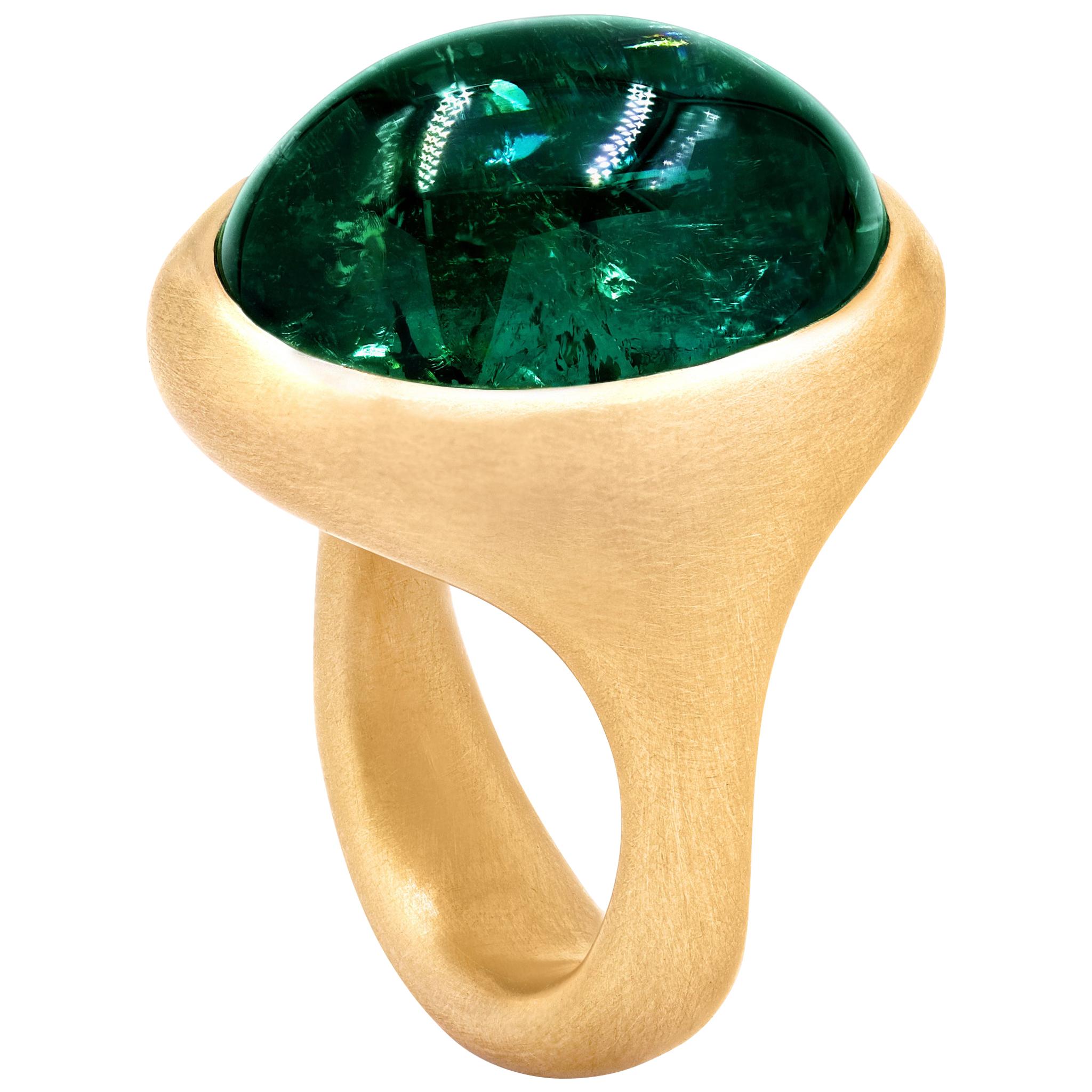 23.69 Carat Lush Bluish Green One of a Kind Cast Yellow Gold Ring, Lola Brooks For Sale