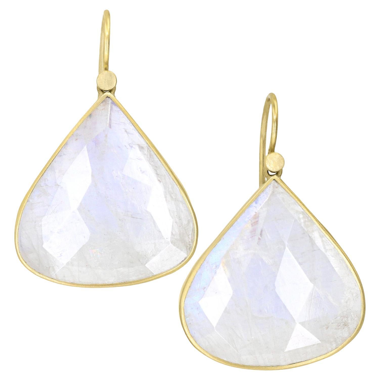 Lola Brooks 36.85 Carat Faceted Moonstone Drop Earrings in 18k Yellow Gold For Sale