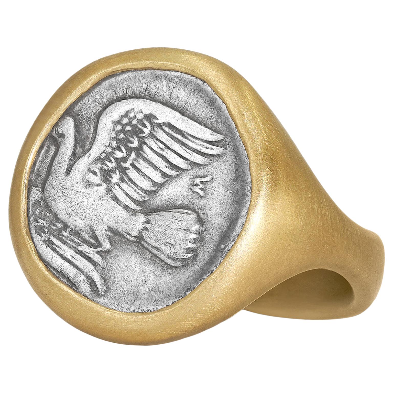 Ancient Greek Dove Silver Coin Cast Yellow Gold One of a Kind Ring, Lola Brooks