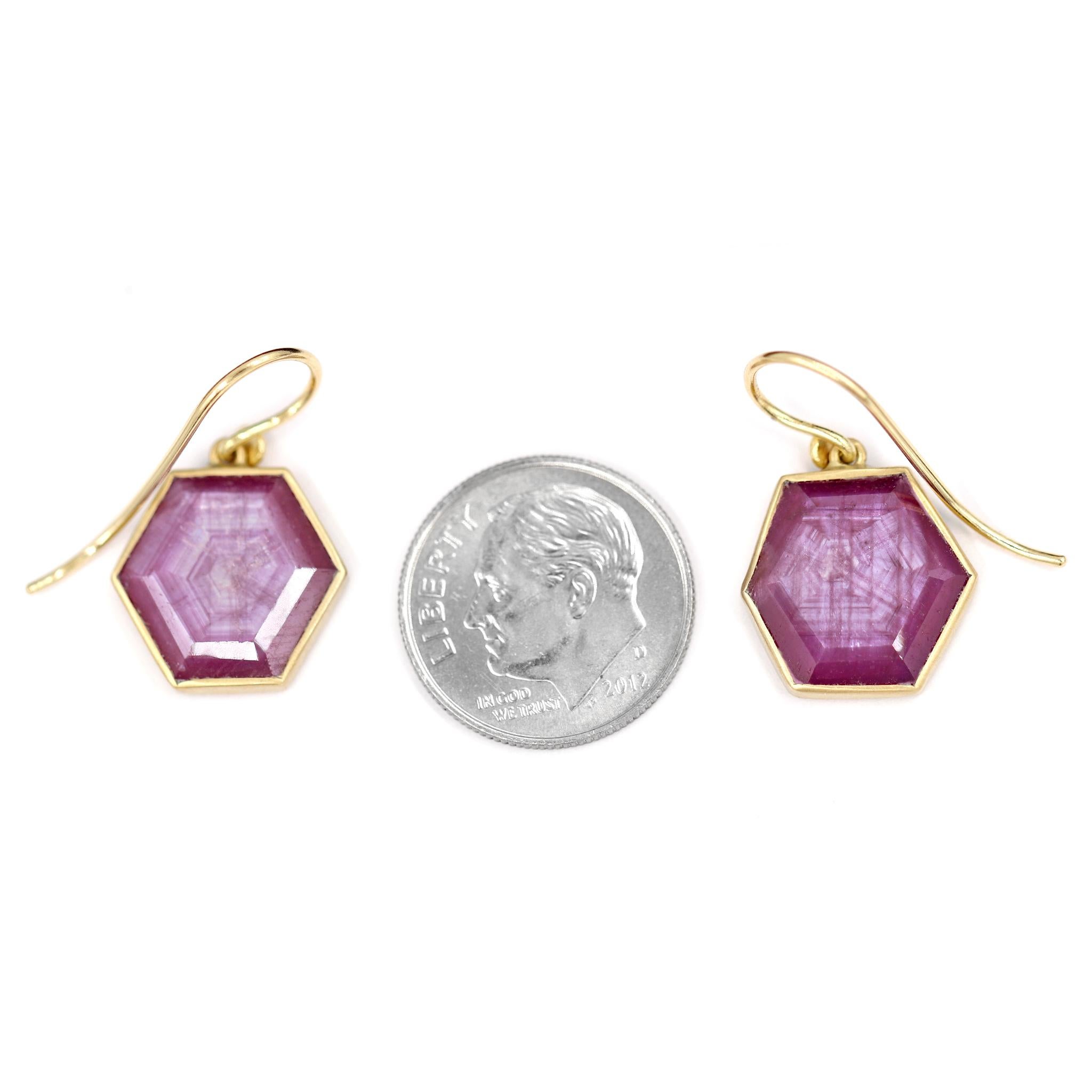 Artist Glowing Hexagonal Ruby Crystal One of a Kind Yellow Gold Earrings, Lola Brooks