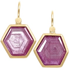 Glowing Hexagonal Ruby Crystal One of a Kind Yellow Gold Earrings, Lola Brooks