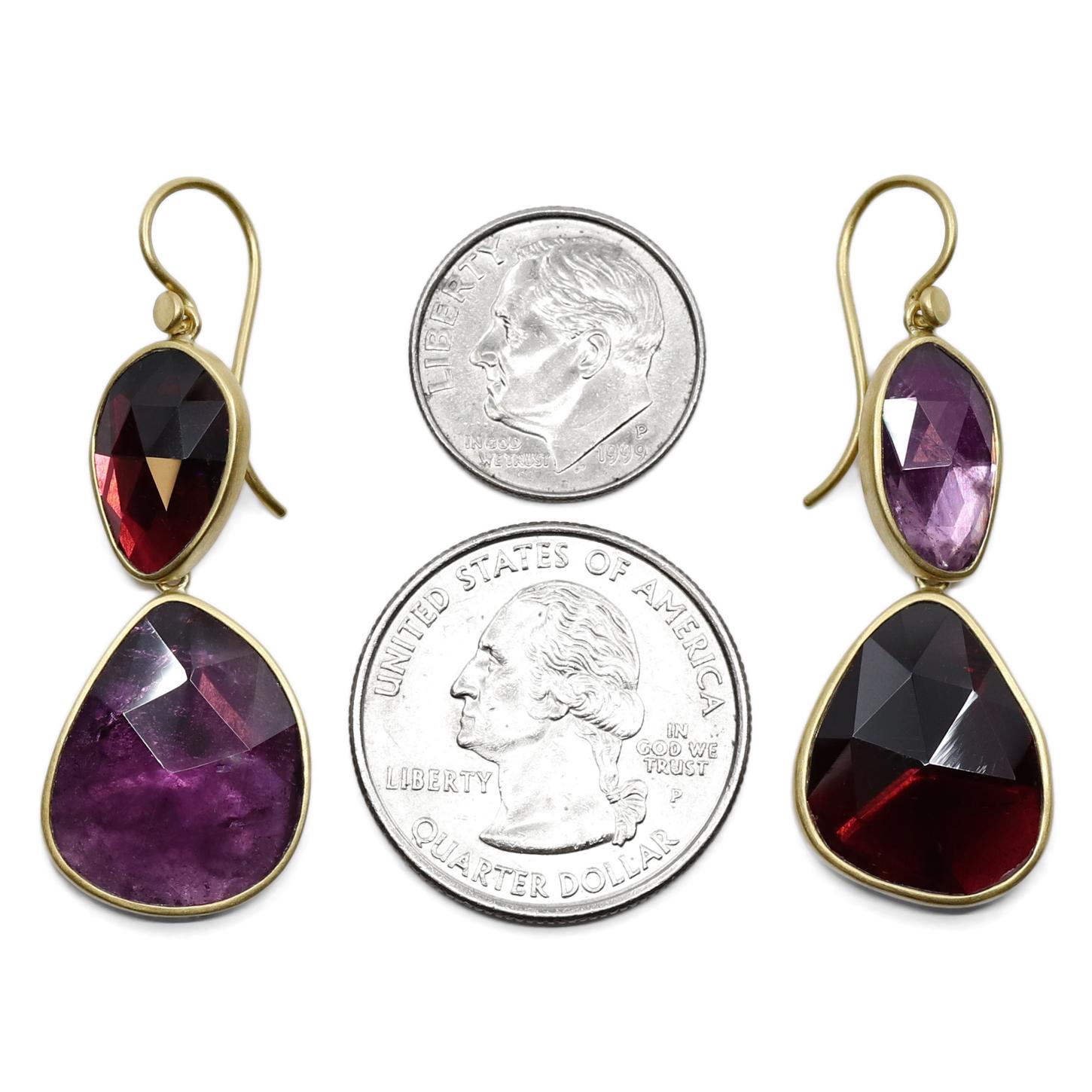 One of a Kind Yin Yang Dangle Drop Earrings by renowned jewelry maker Lola Brooks hand-fabricated in matte-finished 18k yellow gold featuring gorgeous pairs of shimmering rose-cut red and pink tourmaline, individually bezel-set opposite one another