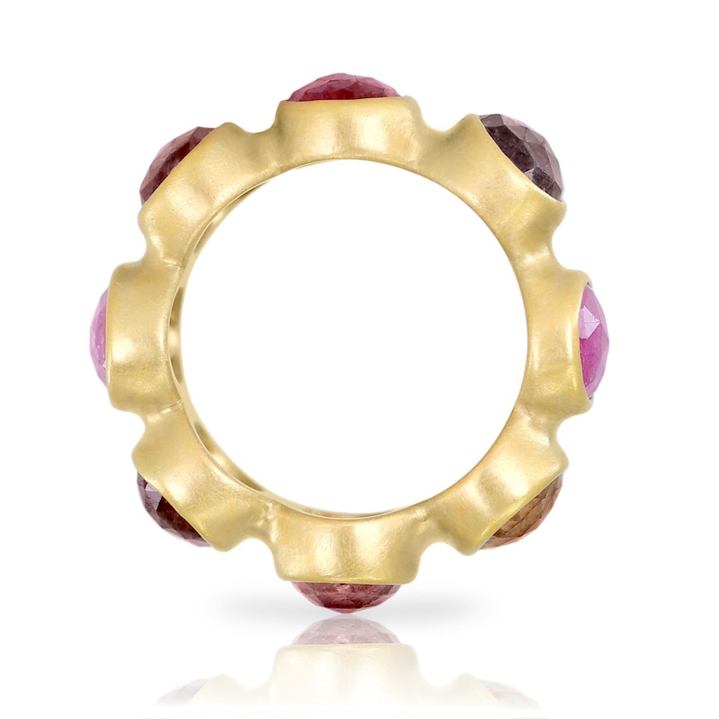 One of a Kind Eternity Band handcrafted in signature-finished 18k yellow gold by master jewelry maker Lola Brooks featuring stunning, natural, no heat oval rose-cut Umba sapphires in assorted pink hues and tones totaling 11.06 carats. Size 6.0 (can