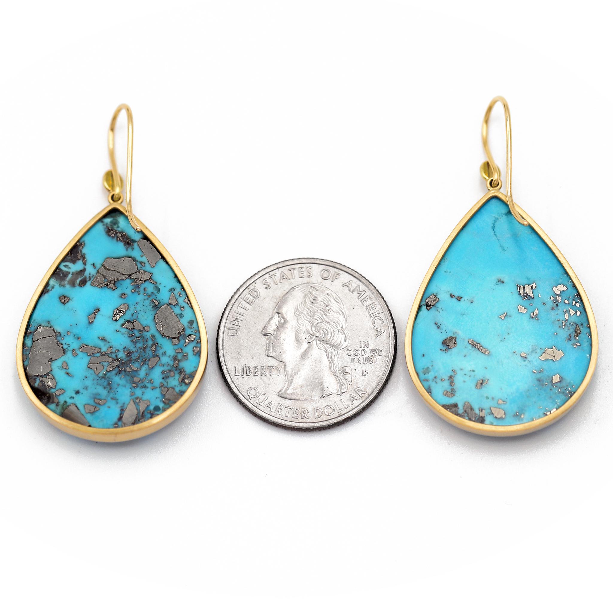 Artisan Lola Brooks Natural Turquoise with Pyrite One of a Kind Gold Drop Earrings
