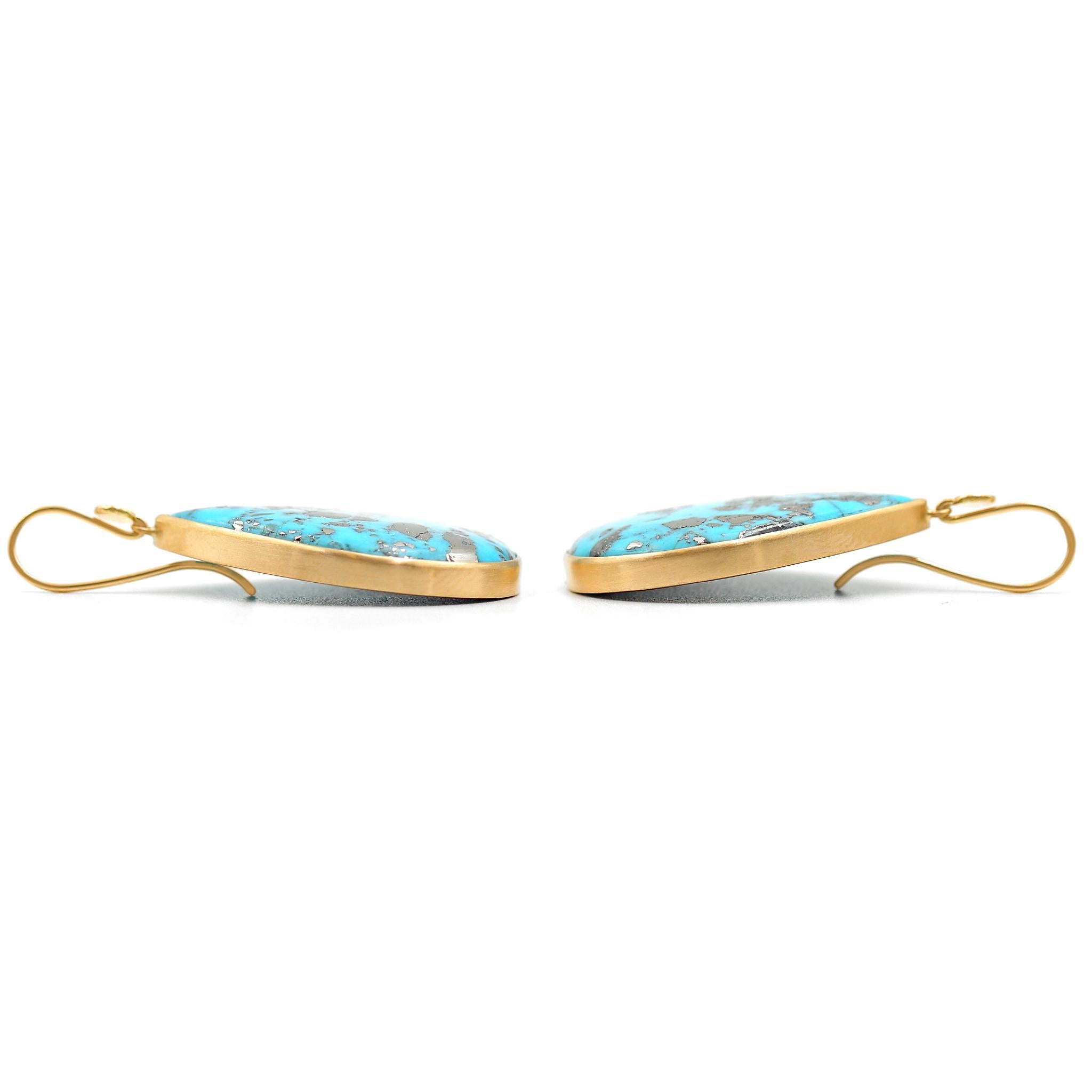 Pear Cut Lola Brooks Natural Turquoise with Pyrite One of a Kind Gold Drop Earrings