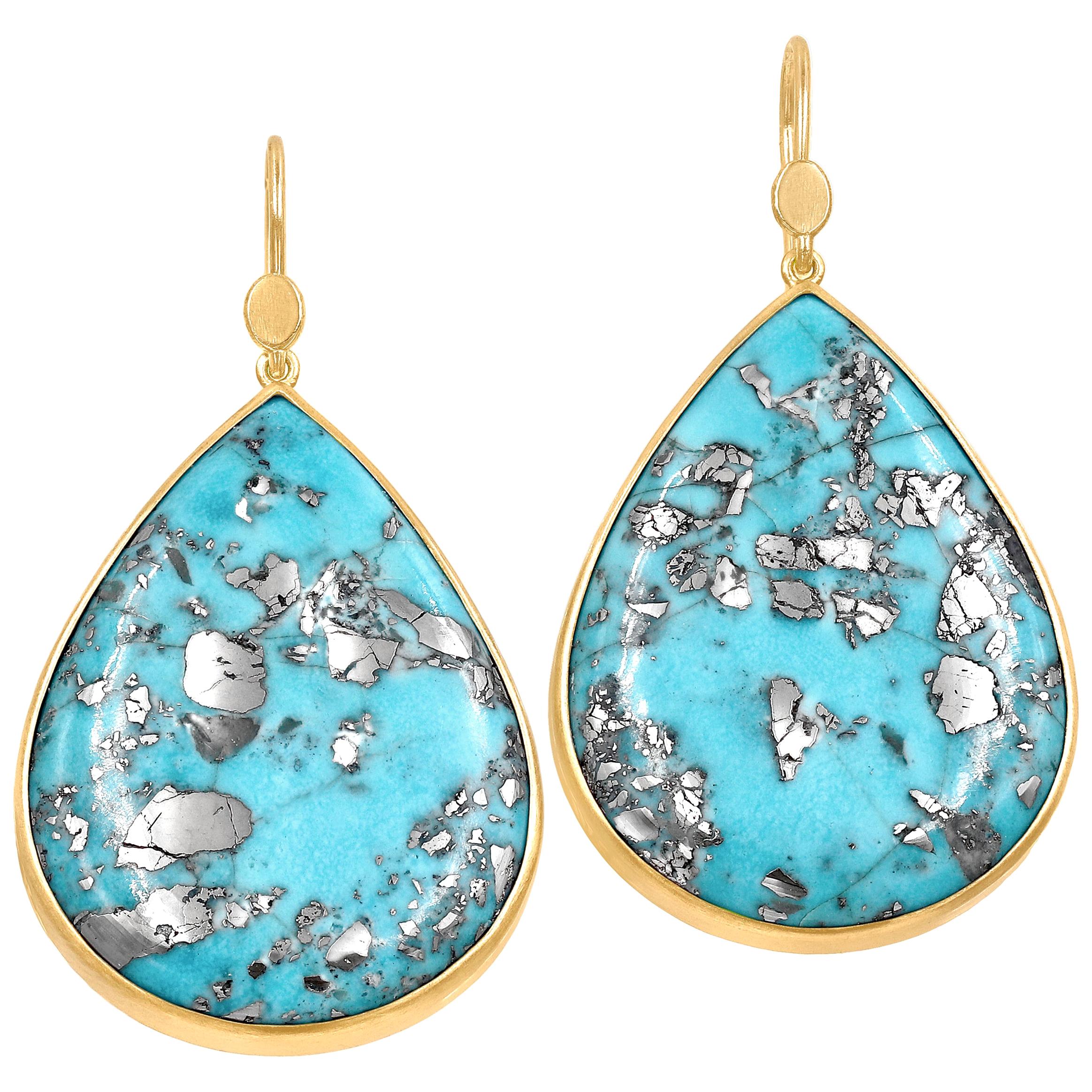 Lola Brooks Natural Turquoise with Pyrite One of a Kind Gold Drop Earrings