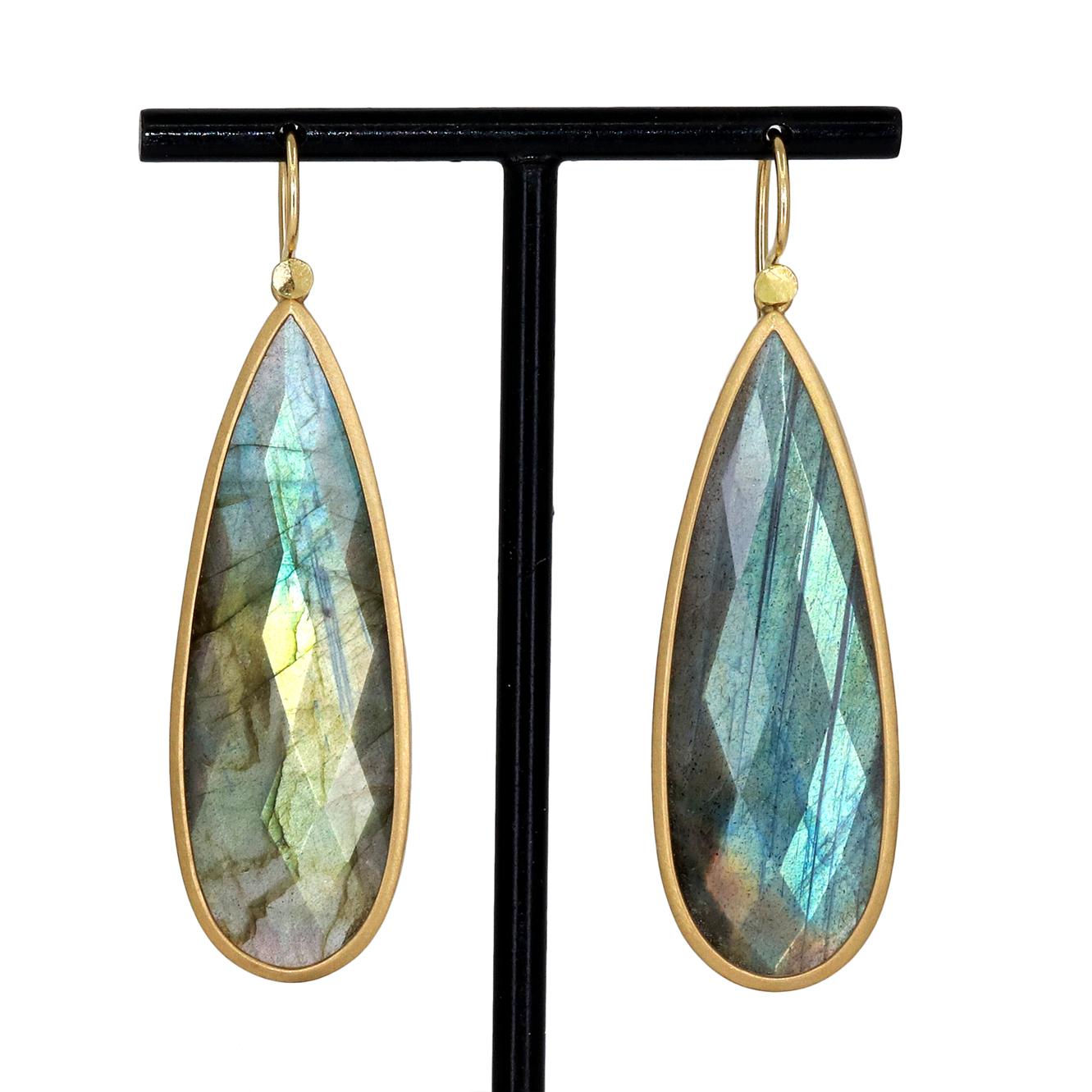Artist Lola Brooks One of a Kind Faceted Labradorite Long Gold Drop Earrings