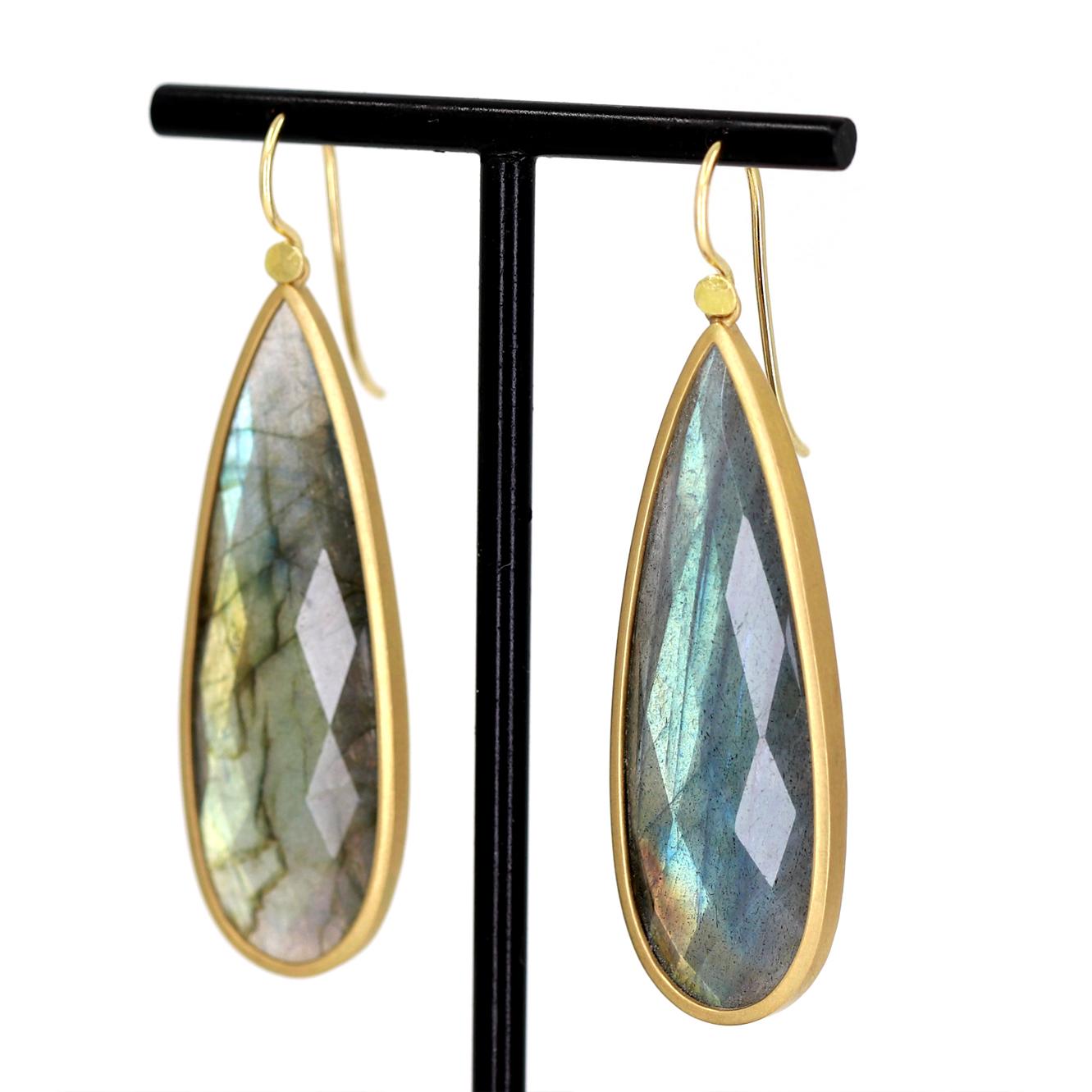 Pear Cut Lola Brooks One of a Kind Faceted Labradorite Long Gold Drop Earrings