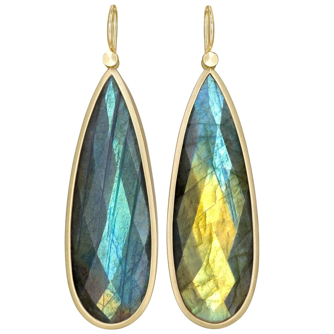 Lola Brooks One of a Kind Faceted Labradorite Long Gold Drop Earrings