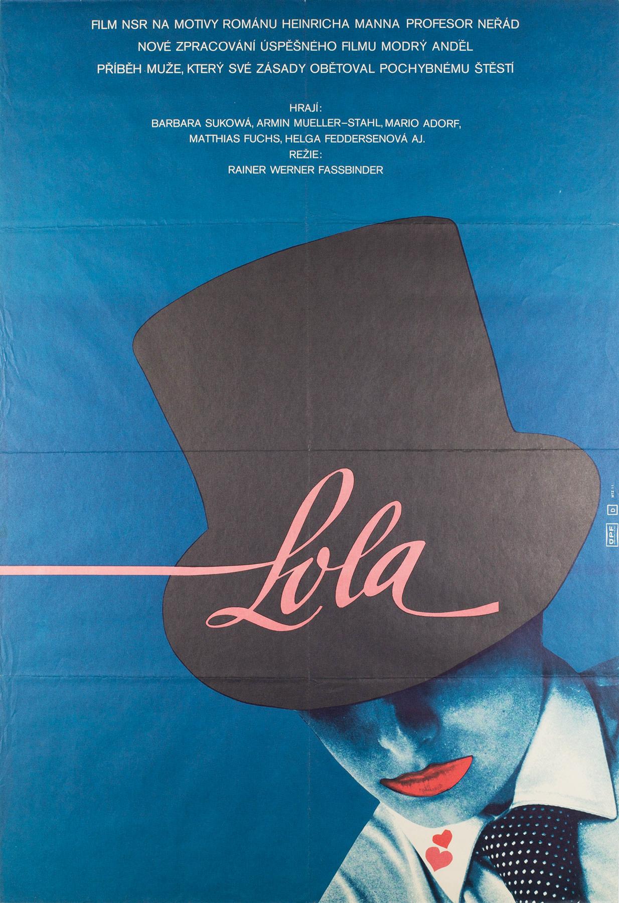 The sumptuous and brooding artwork on the original vintage Czech film poster for Fassbinder's Lola is striking, especially in this larger Czech size. 

Actual movie poster size 22 3/8 x 32 3/4 inches.