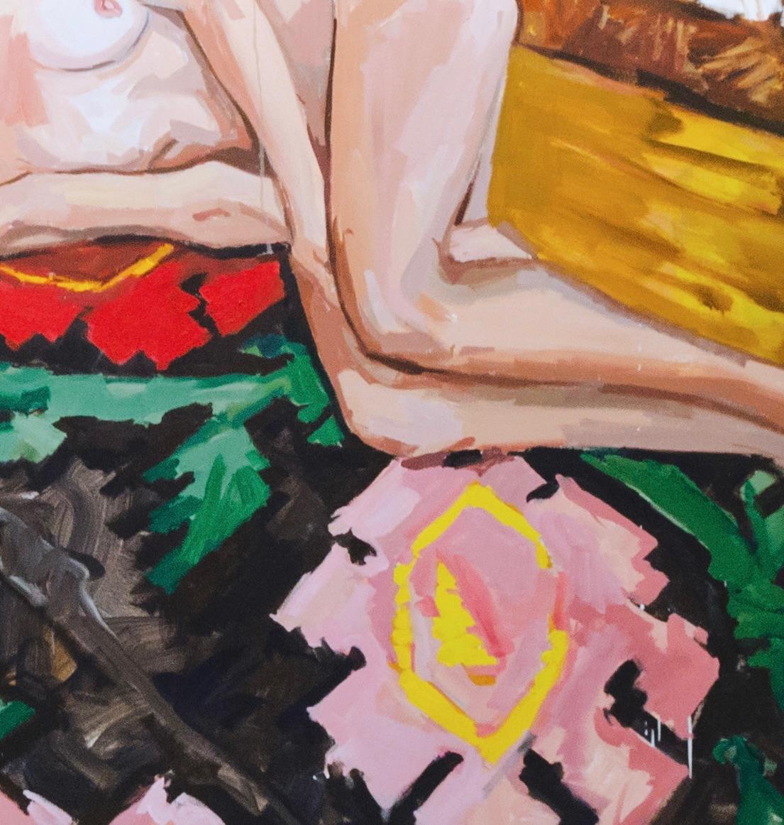 Lola Erhart Weiblicher Akt Bunter Teppich - Zeitgenössisches figuratives Ölgemälde im Angebot 1