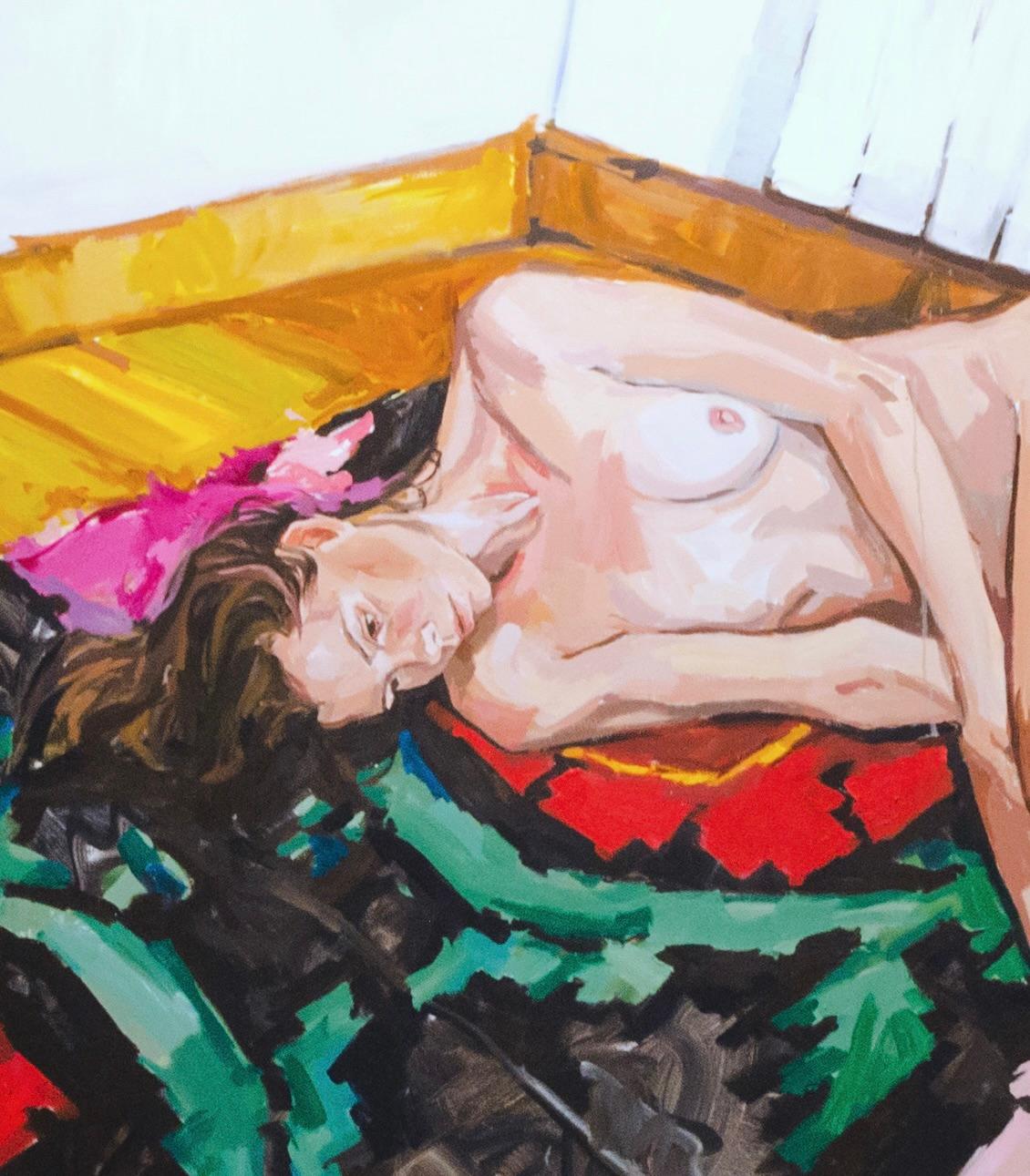 Lola Erhart Weiblicher Akt Bunter Teppich - Zeitgenössisches figuratives Ölgemälde im Angebot 2