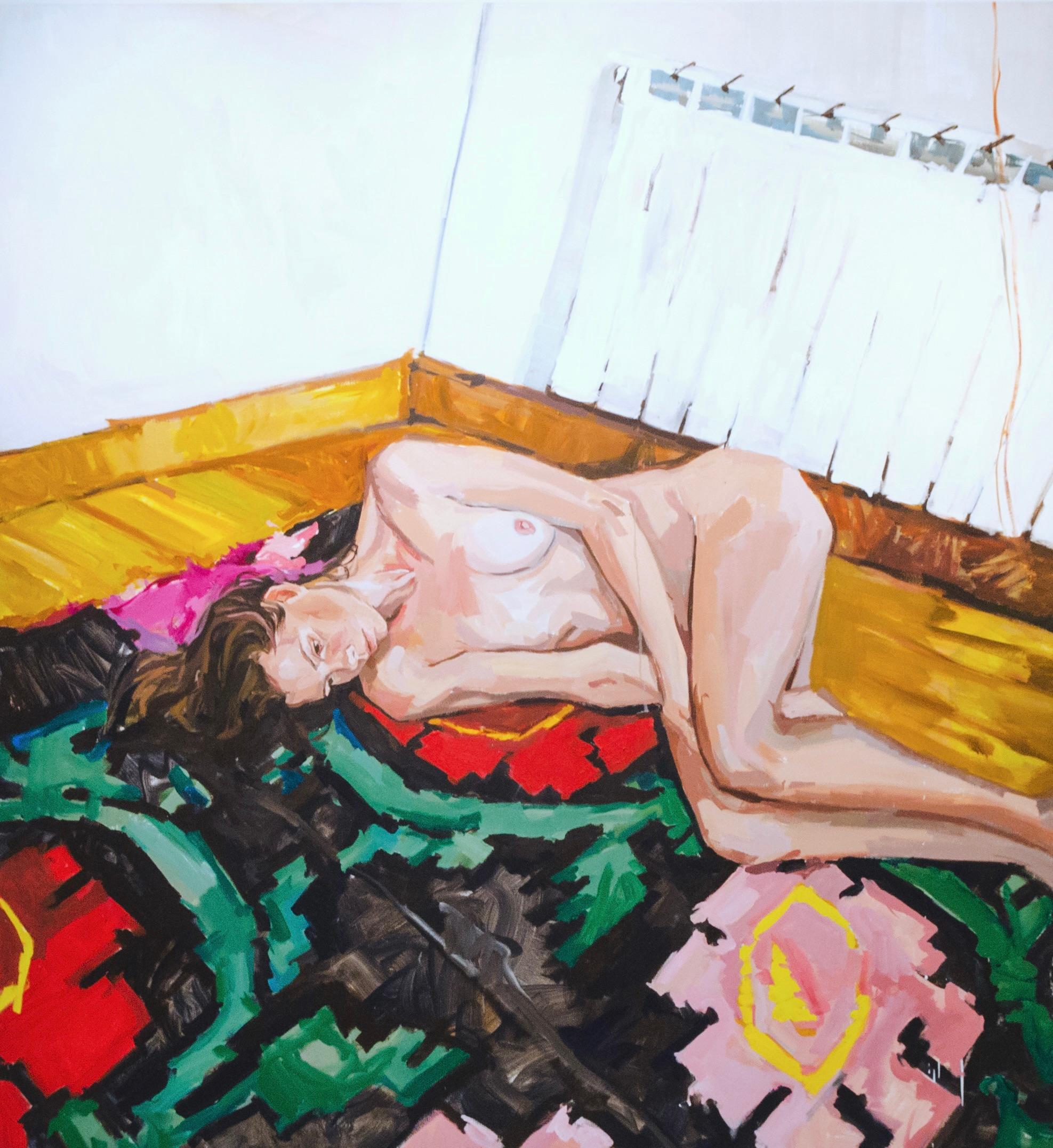 Lola Erhart Weiblicher Akt Bunter Teppich - Zeitgenössisches figuratives Ölgemälde im Angebot 3