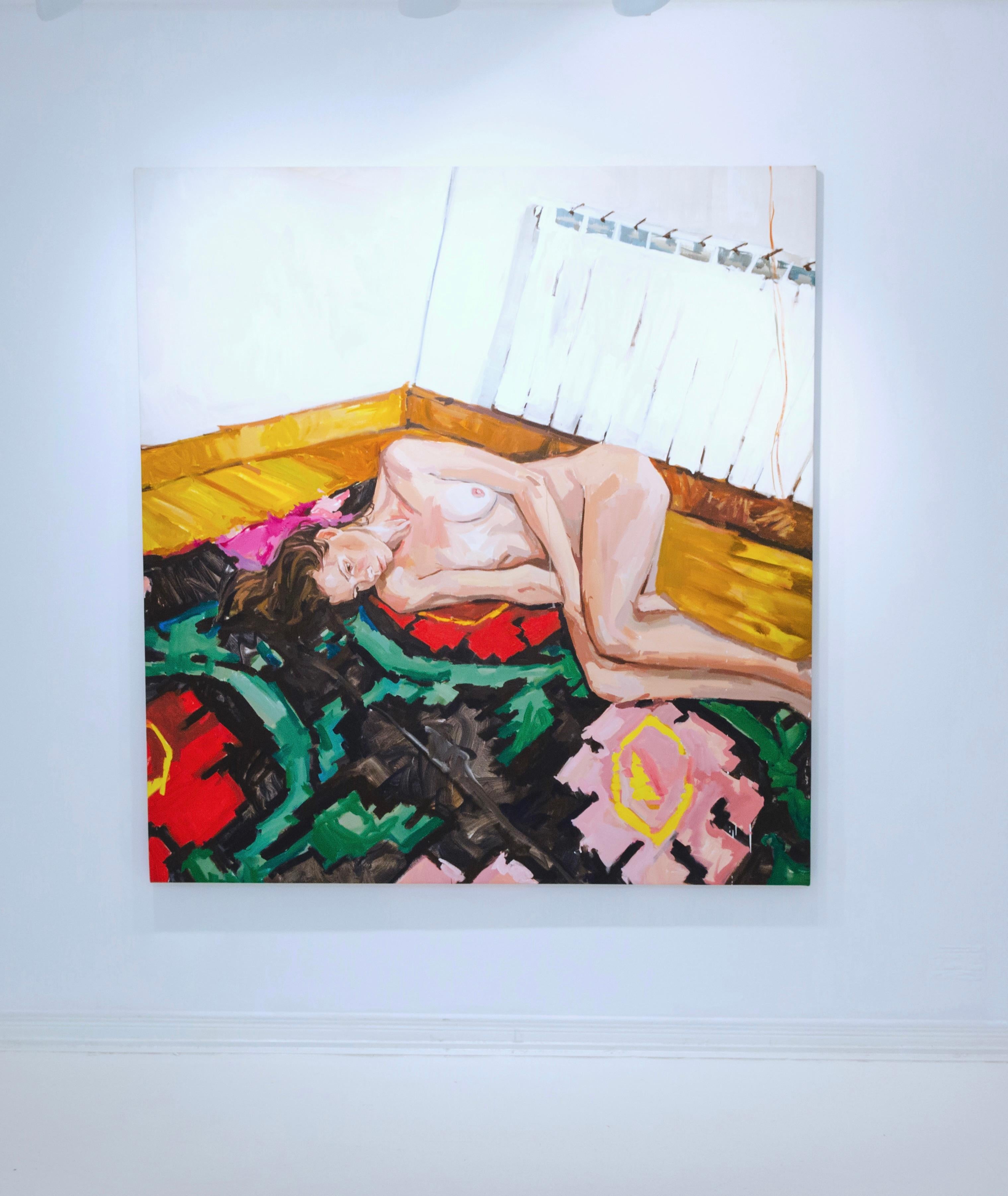 Lola Erhart Weiblicher Akt Bunter Teppich - Zeitgenössisches figuratives Ölgemälde im Angebot 4