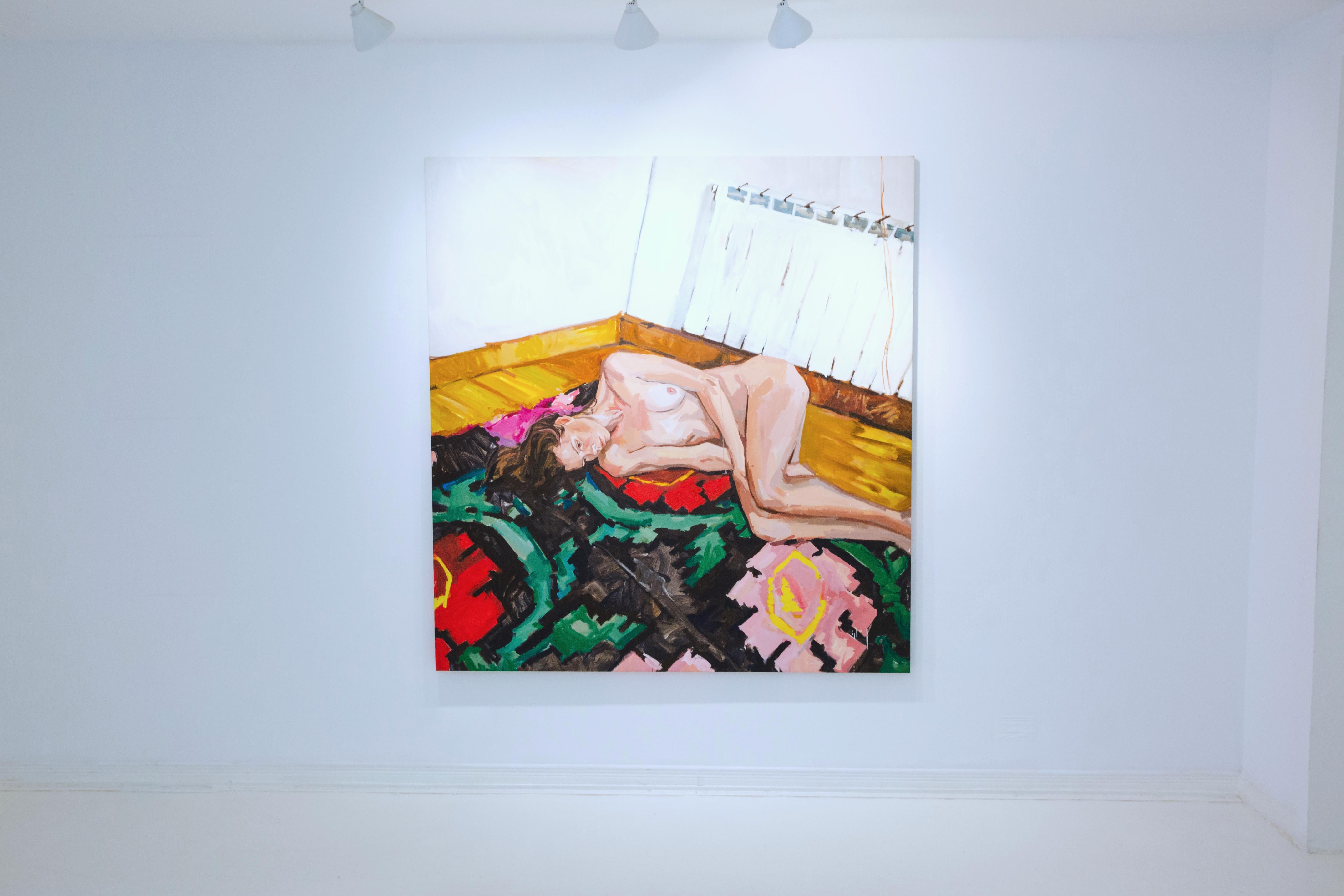 Lola Erhart Weiblicher Akt Bunter Teppich - Zeitgenössisches figuratives Ölgemälde im Angebot 5