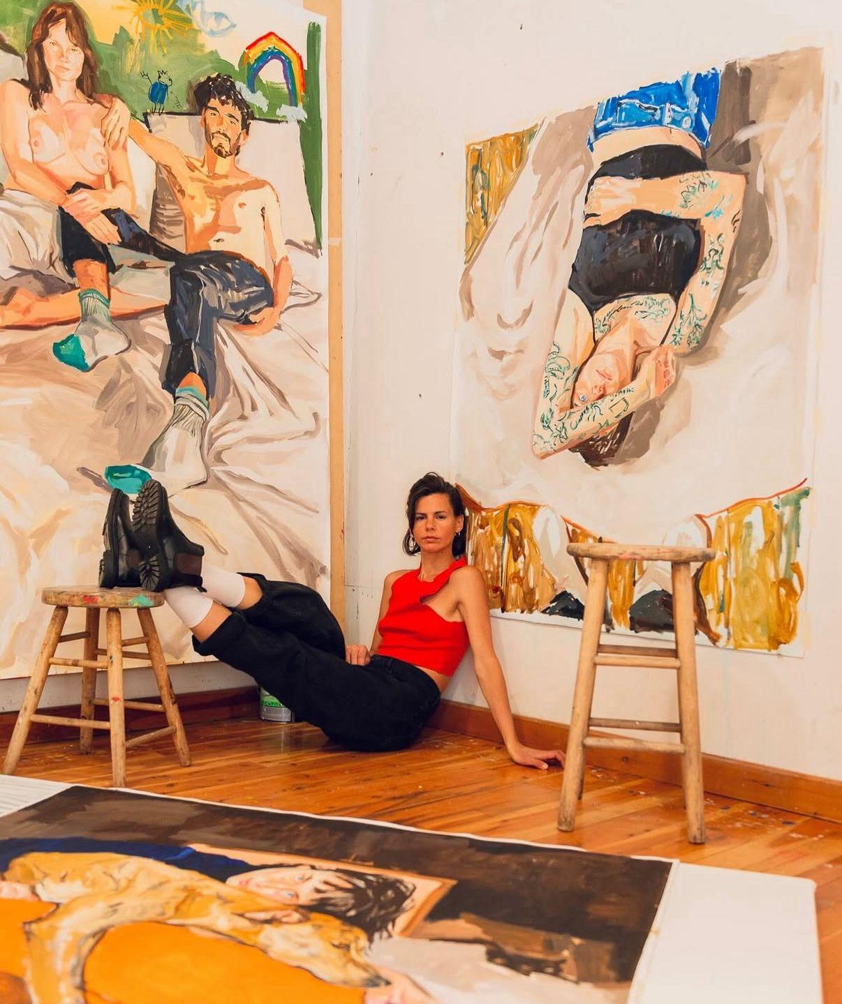 Lola Erhart Weiblicher Akt Bunter Teppich - Zeitgenössisches figuratives Ölgemälde im Angebot 6