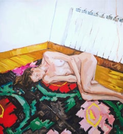 Lola Erhart Female Nude Colorful Carpet — Contemporary Figurative Oil Painting