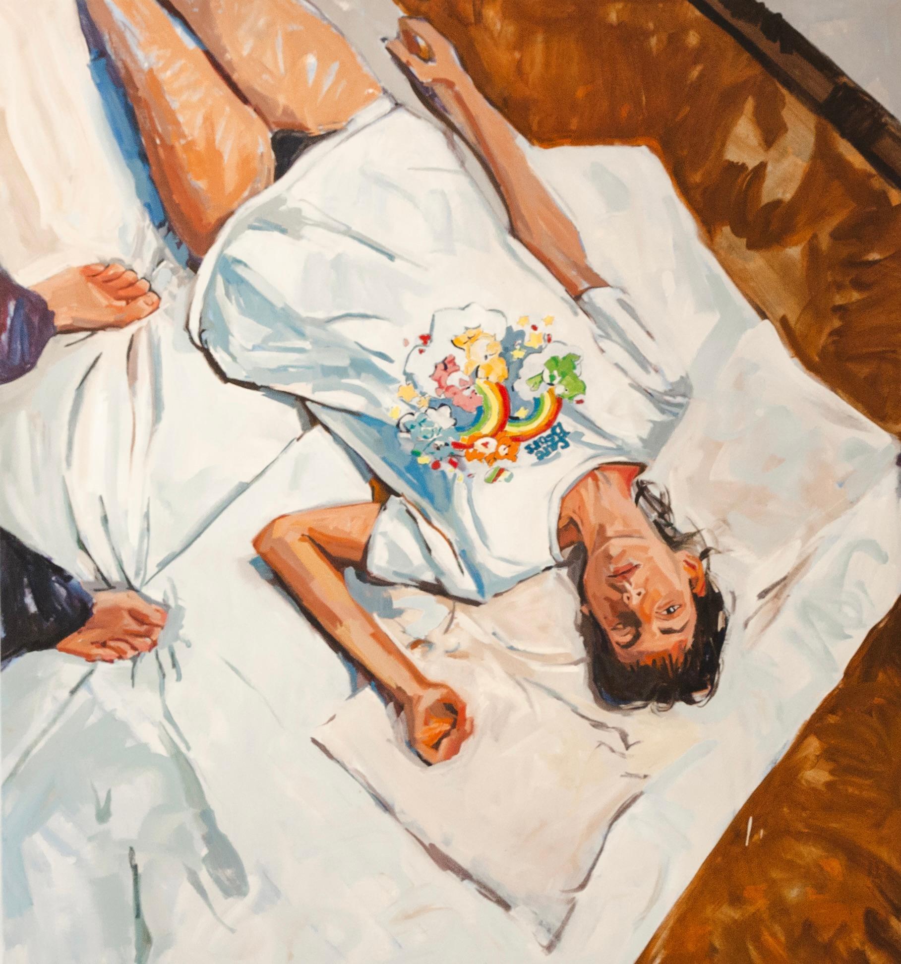 Lola Erhart Frau auf dem Bett liegend - Zeitgenössisches figuratives Ölgemälde Vivid im Angebot 3