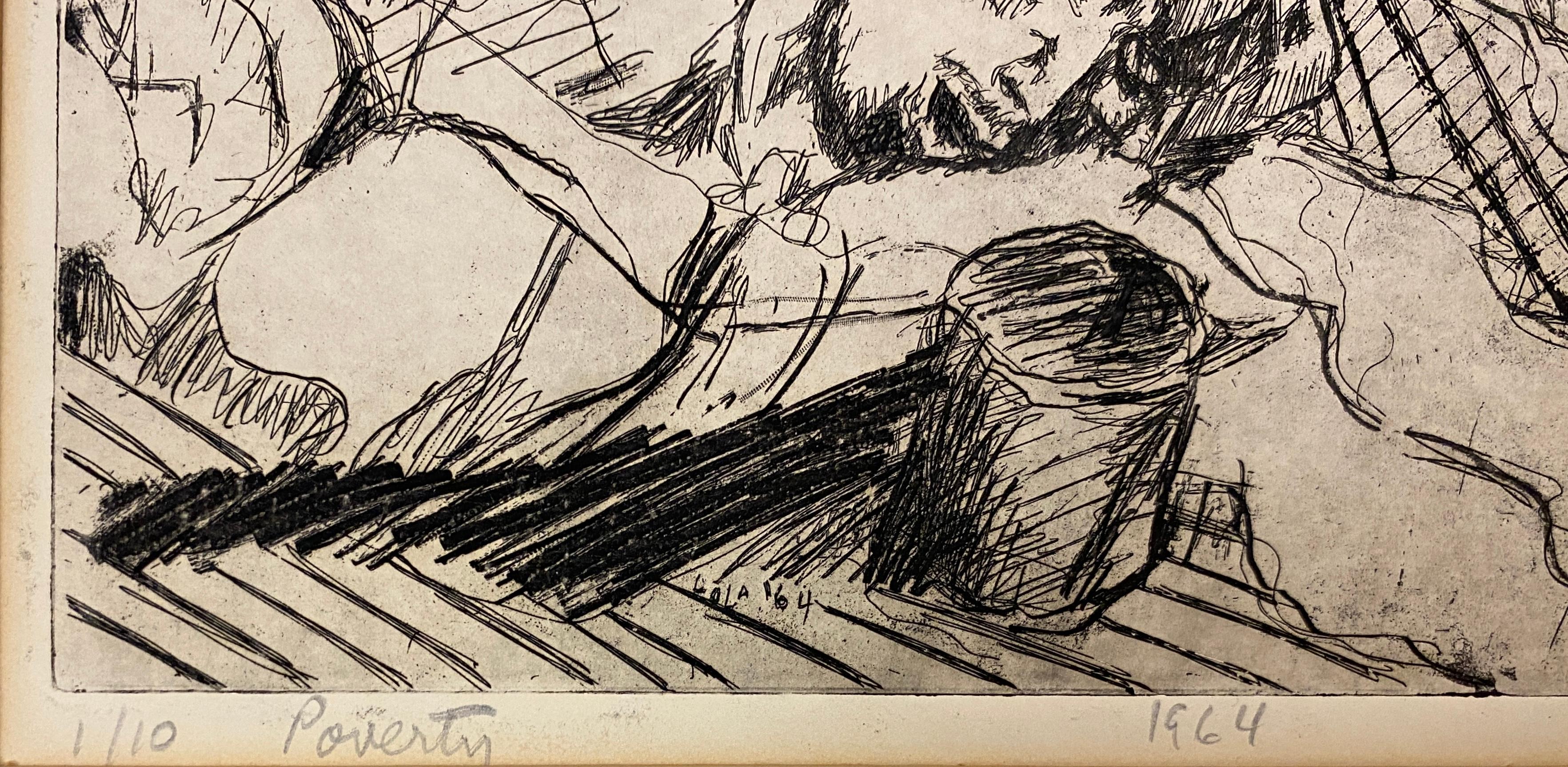 Contemporary Black and White Lithograph by Lola Eve Stern titled 'Poverty'. This intriguing piece of art depicts men in pleading or distressed poses. 

Pencil signed by the artist, titled, and marked 'Artist's Proof' dated 1964. Professionally