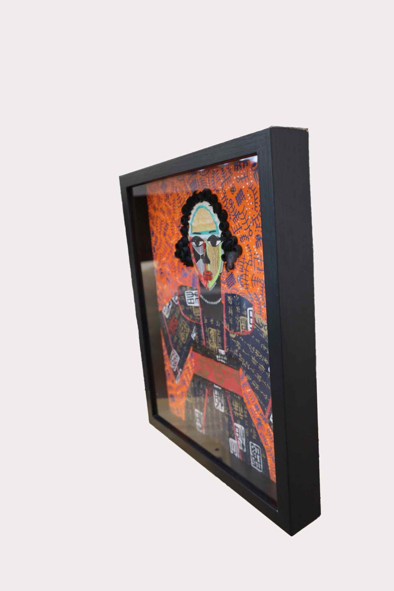 In “AfroGeisha,” Lola Okunola merges African and Asian cultural traditions to create a figure inhabiting the liminal space between these interconnected worlds. Her collage technique reinforces hybridity and cross-pollination, layering various
