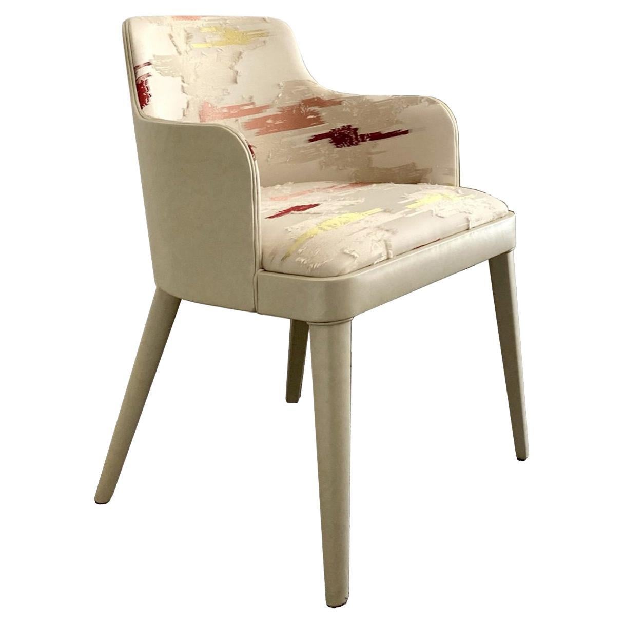Warm Toned Textured Leather Seat, White Wood Chair With Armrests by Casa Casati