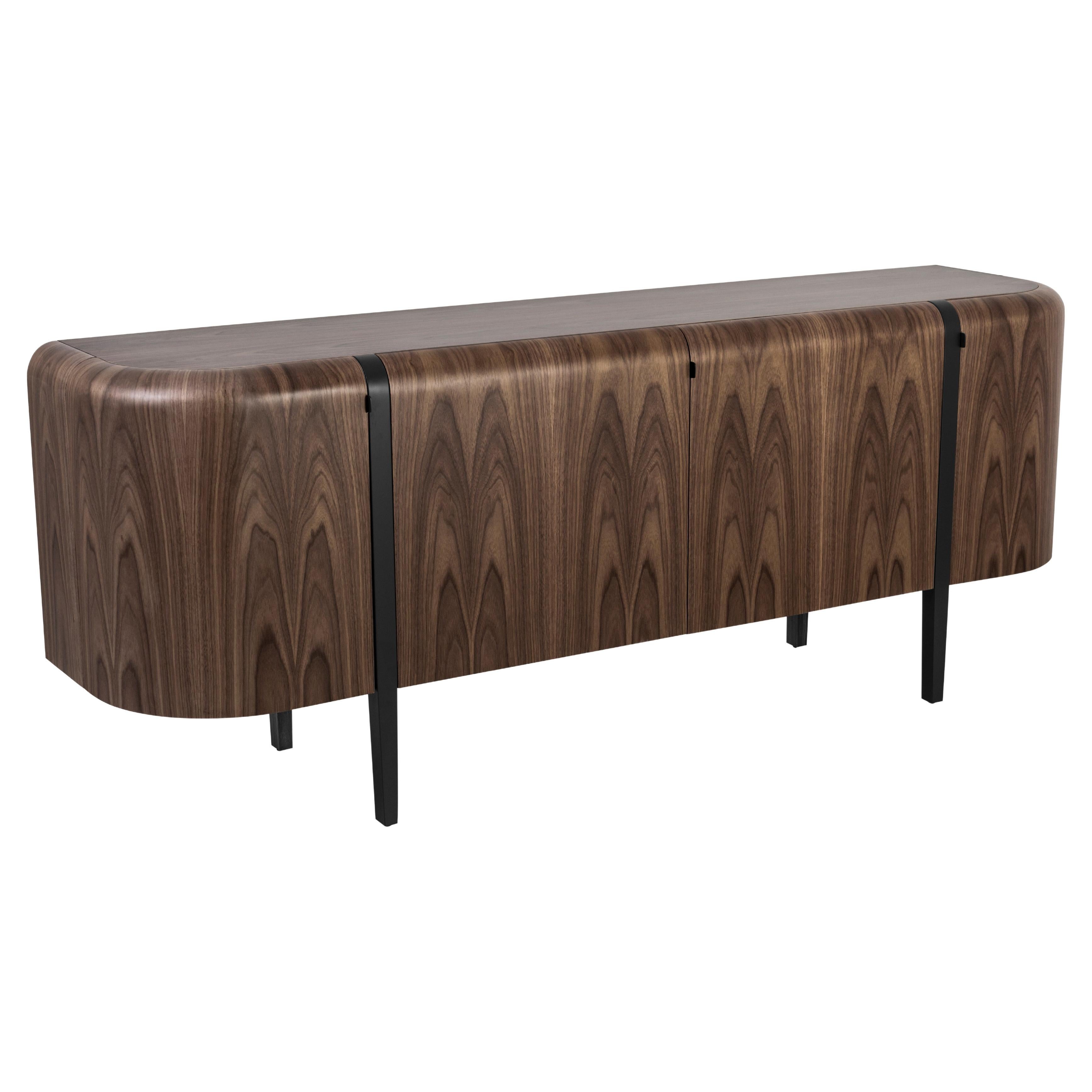 Lola Sideboard, American Walnut Veneer Structure, Lacquered Solid Wood Feet For Sale