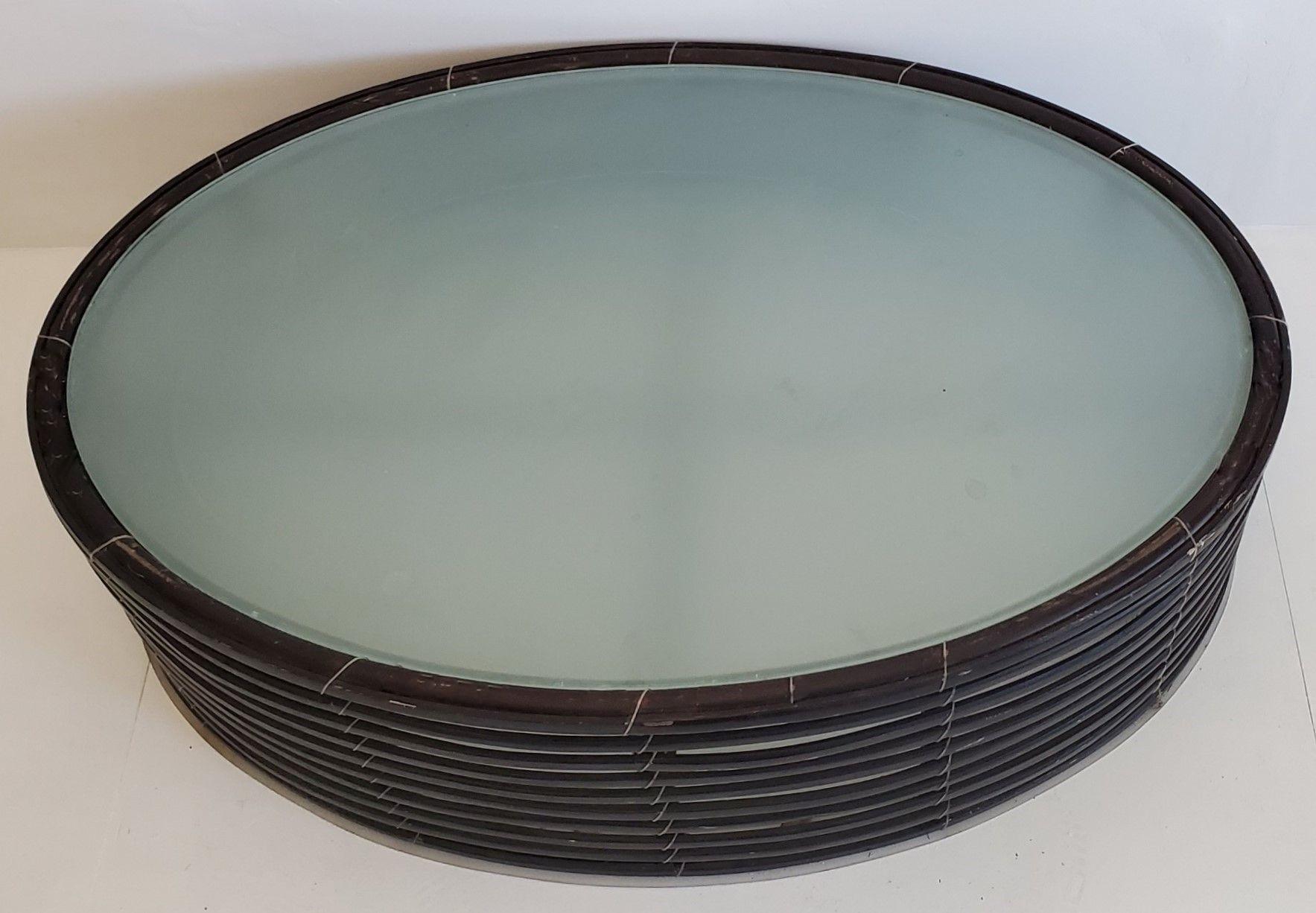 Lolah Kenneth Wood Medium Wood and Glass Coffee Table In Good Condition For Sale In Pasadena, CA