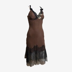 Lolita Lempicka 1990s Brown Beaded Lace-Trimmed Slip Dress