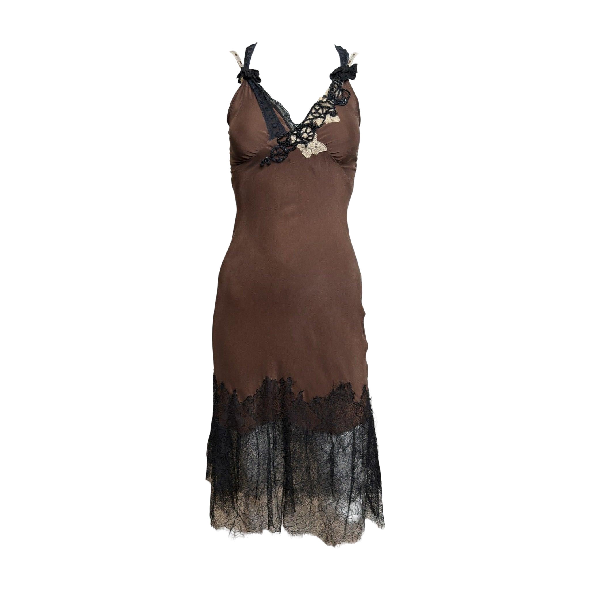 Lolita Lempicka 1990s Brown Beaded Lace-Trimmed Slip Dress For Sale