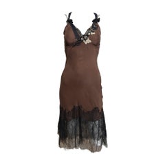 Lolita Lempicka 1990s Brown Beaded Lace-Trimmed Slip Dress
