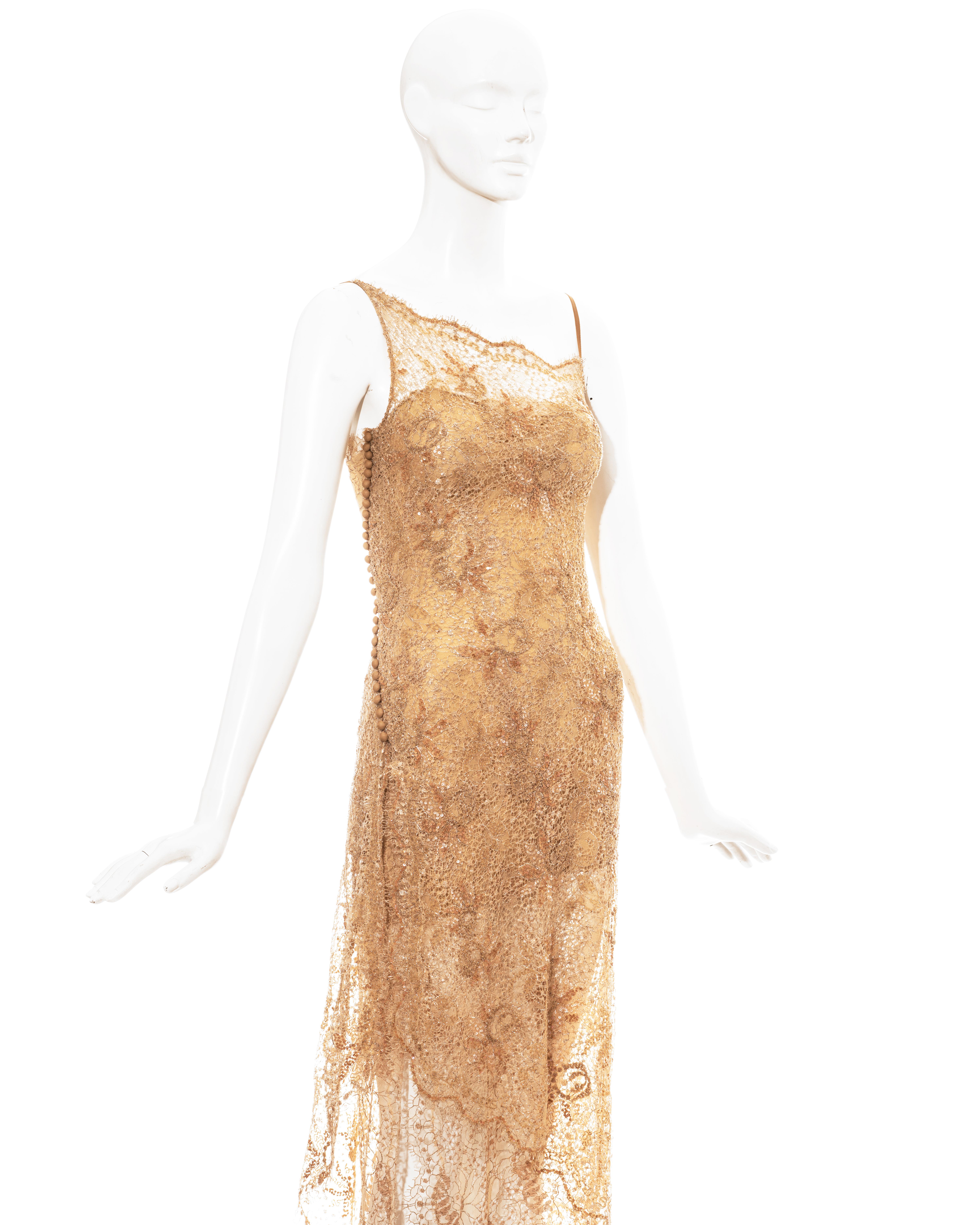 Beige Lolita Lempicka apricot embellished metallic lace evening dress, ss 1999