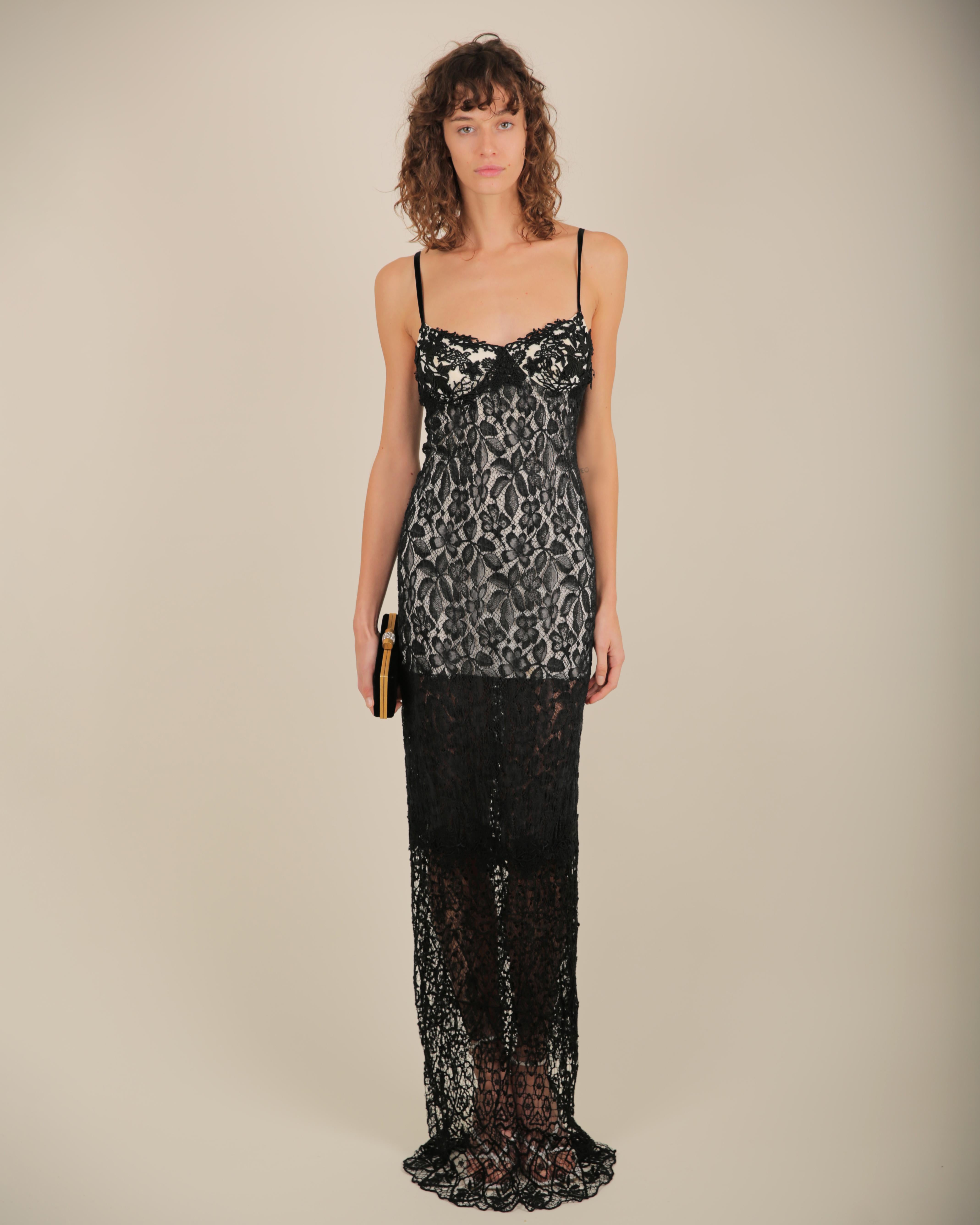 Lolita Lempicka FW 1995 Black white sheer crochet lace overlay bustier dress 40 For Sale 7