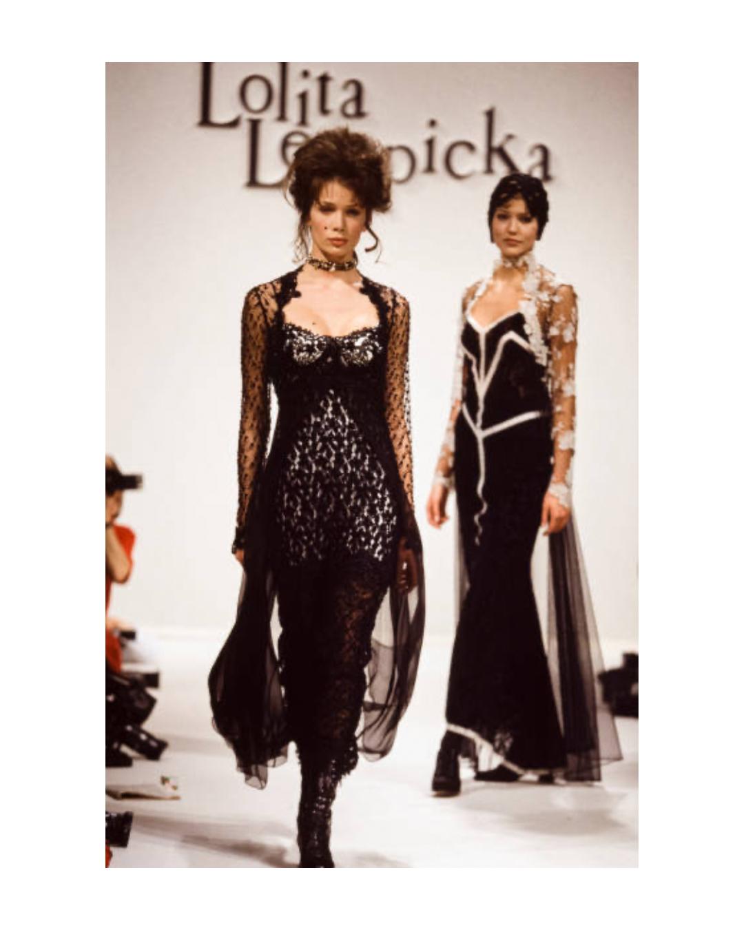 Lolita Lempicka FW 1995 Black white sheer crochet lace overlay bustier dress 40 For Sale 13